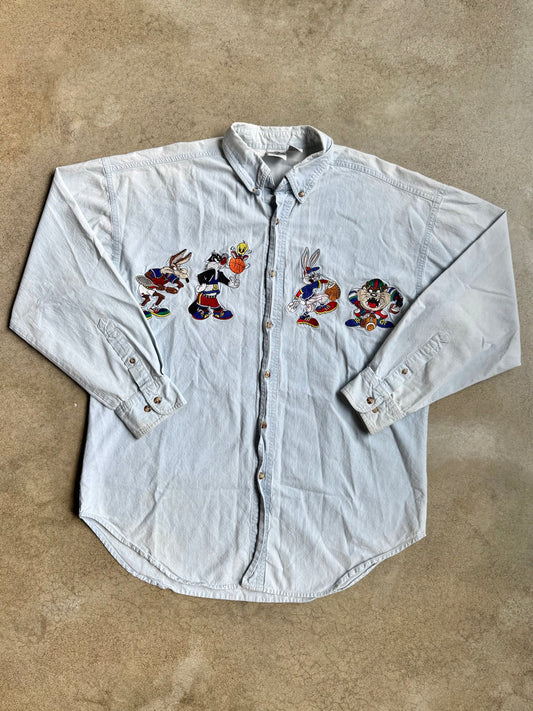 Vintage 1990s ACME Looney Tunes Embroidered Denim Shirt | Medium