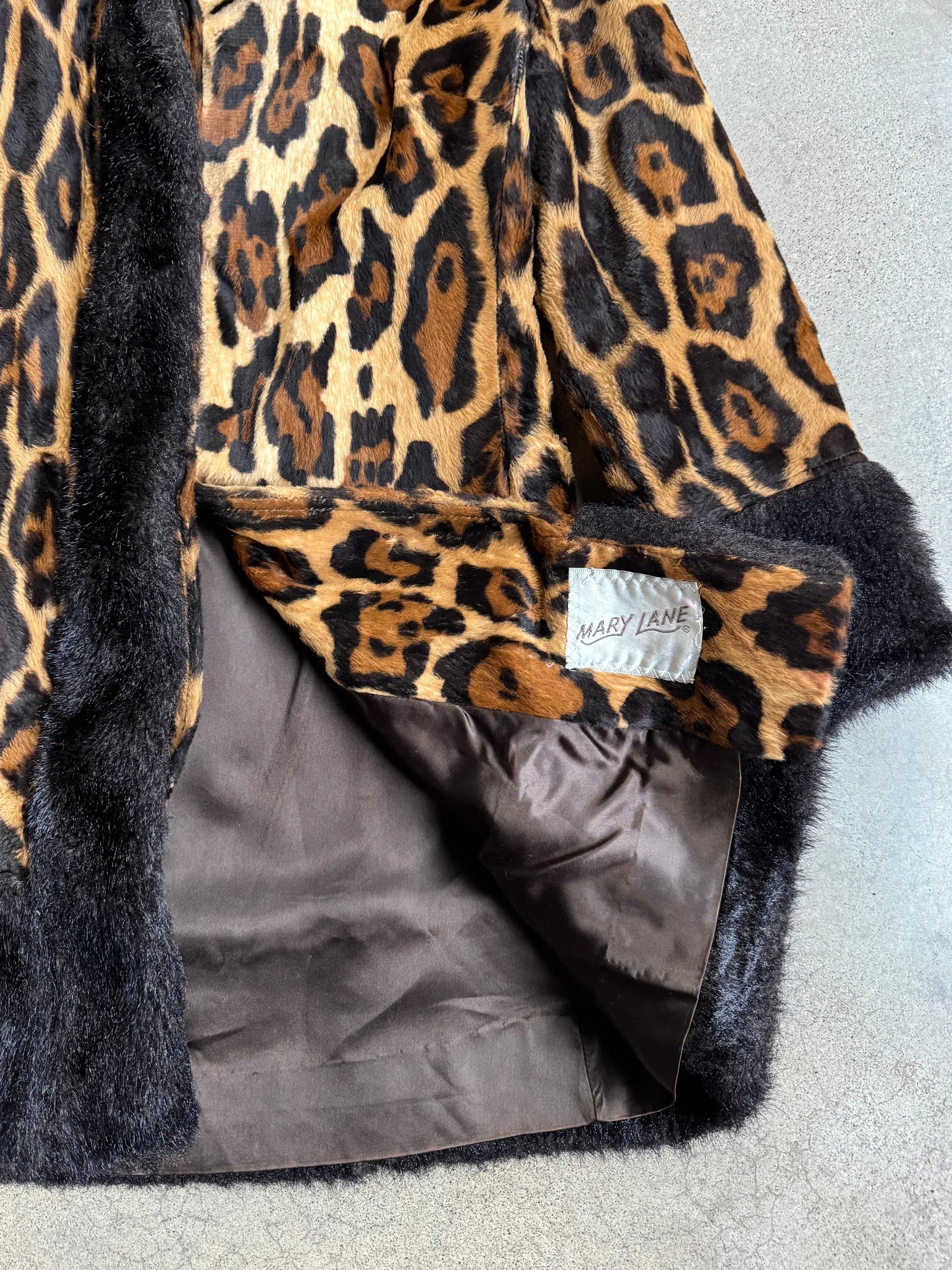 Vintage 1960s Mary Lane Faux Fur Cheetah Print Black Trim Hooded Jacket | Small