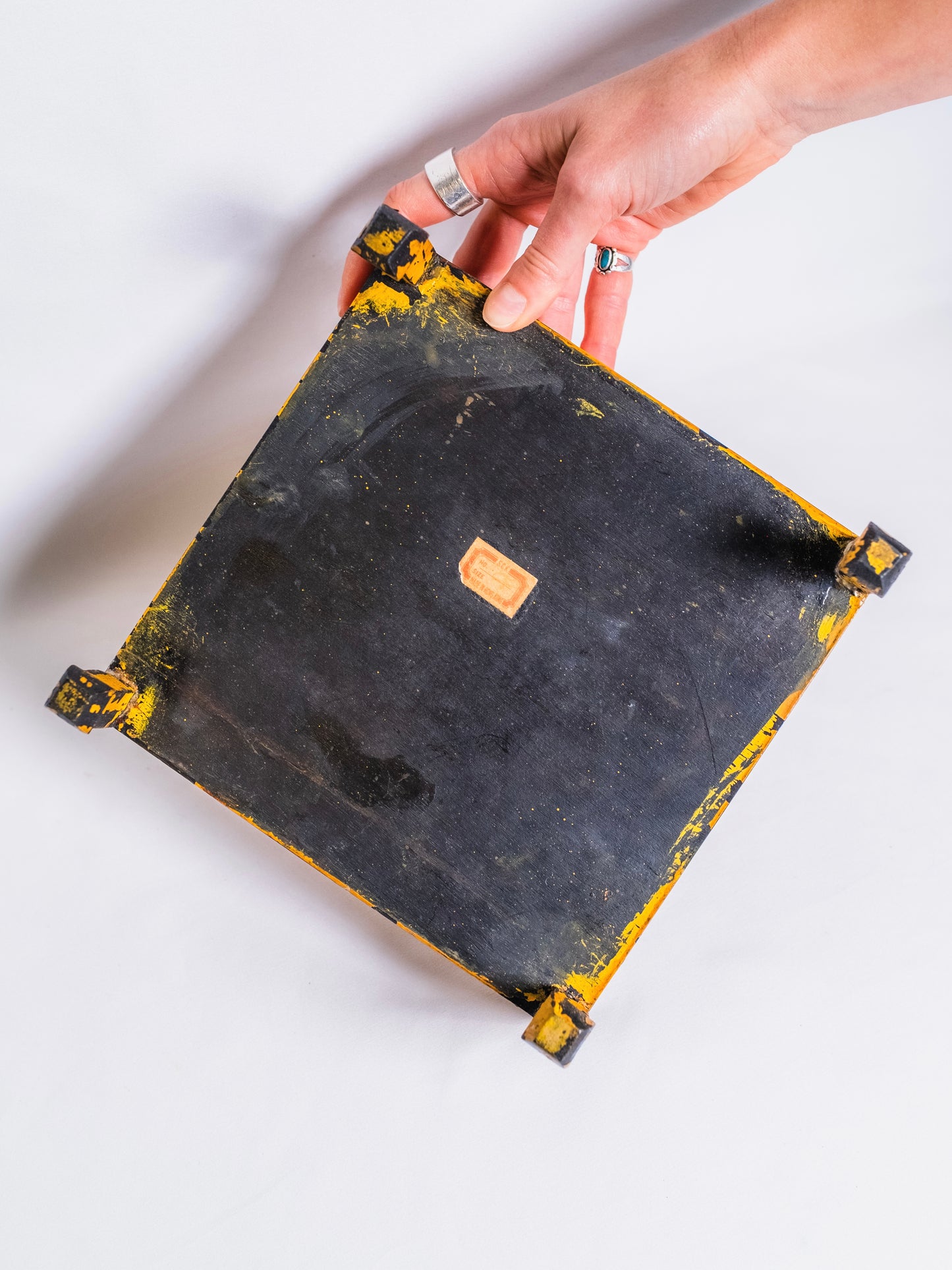 Vintage Chinese Lacquered Yellow Worn Four Legged Dai Stand