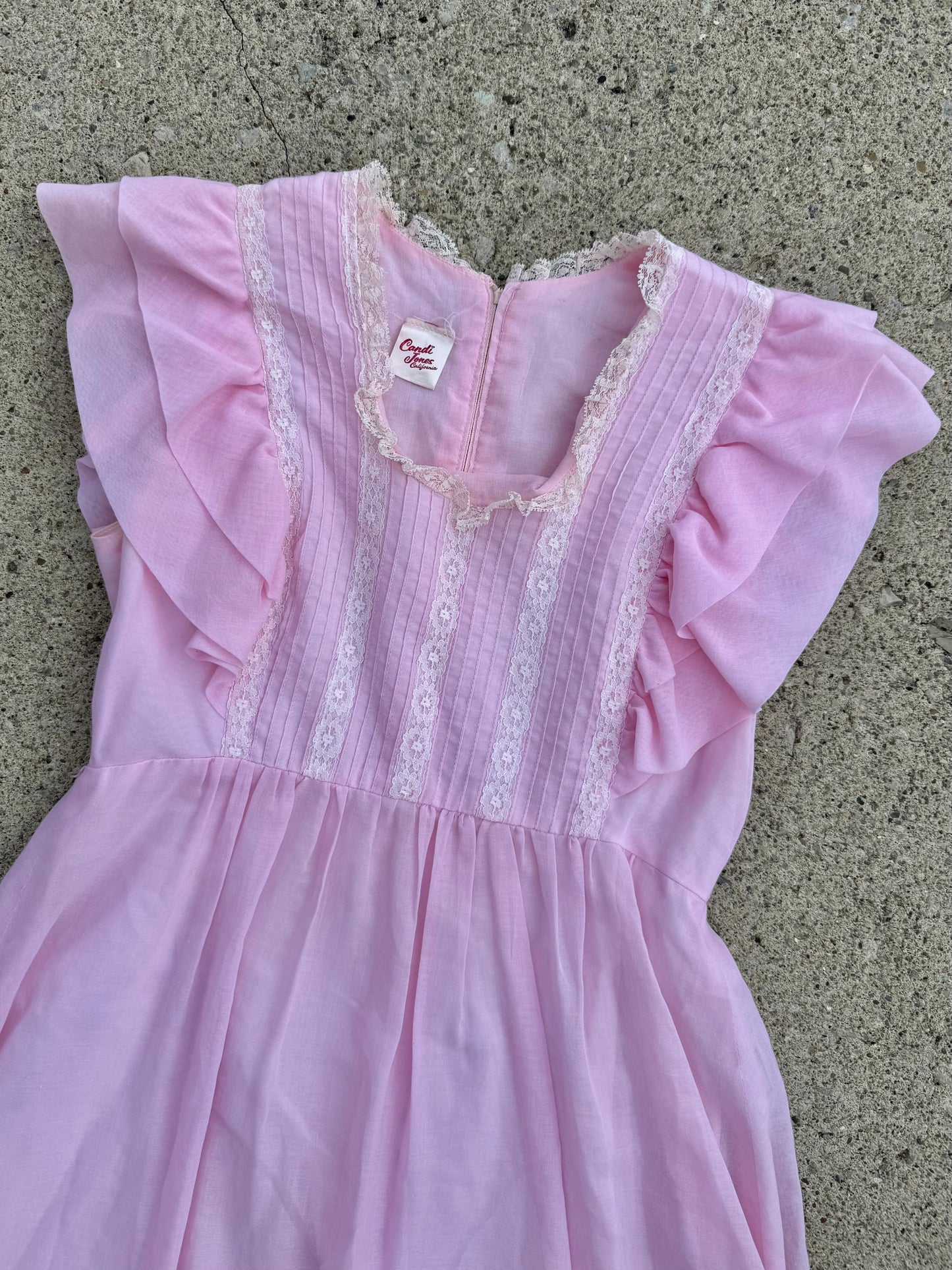 Vintage 1970s Candi Jones California Baby Pink Lace Frilled Babydoll Dress | Medium