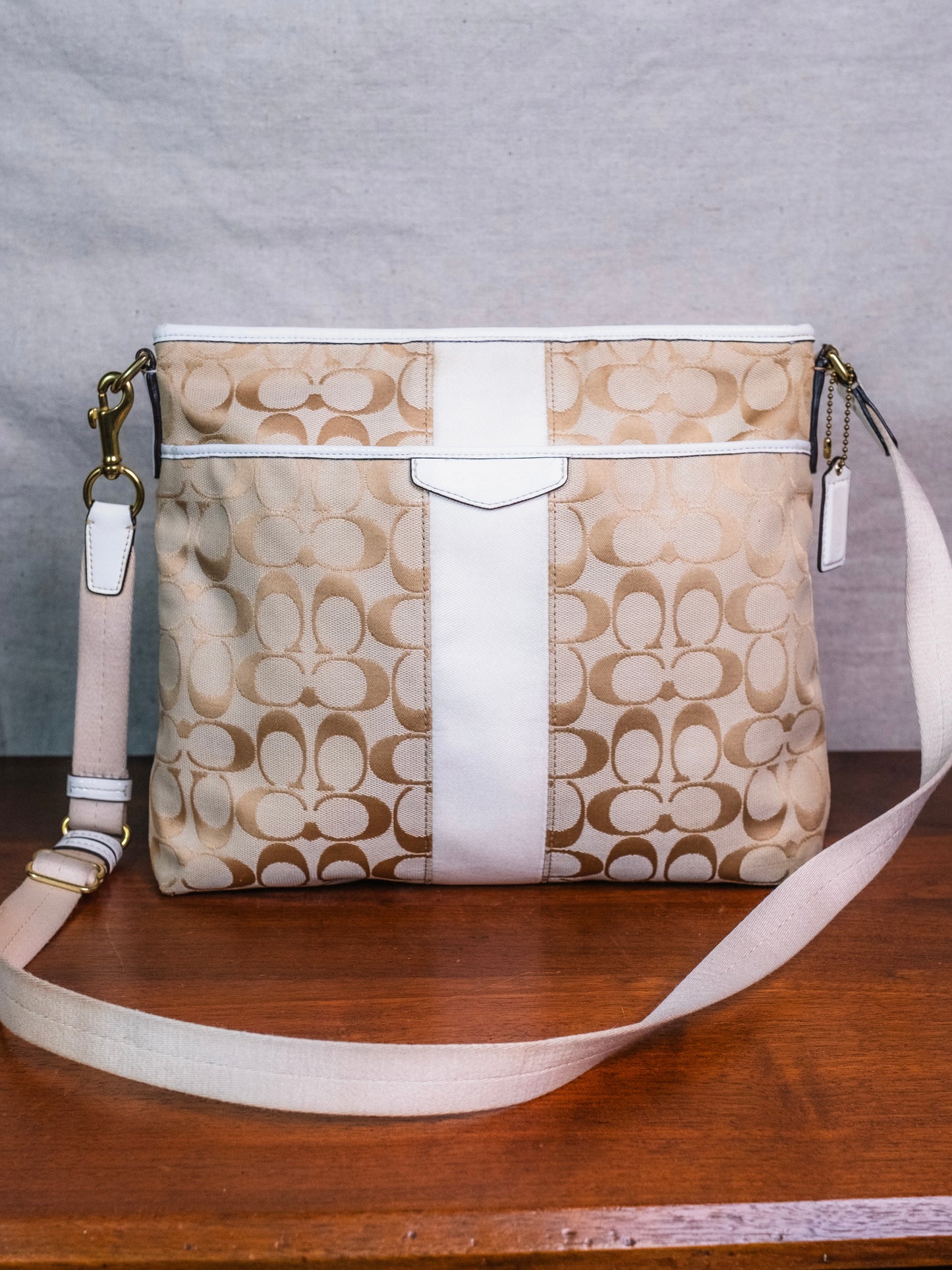 Coach Beige & White Signature Stripe Canvas Crossbody Bag