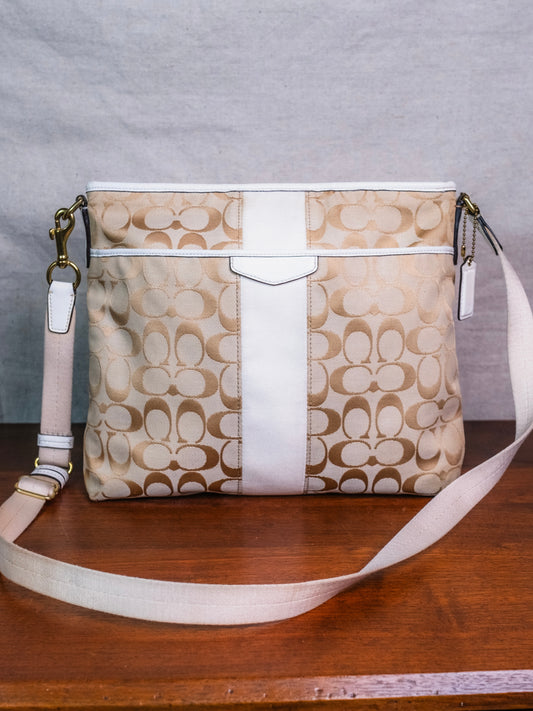 Coach Beige & White Signature Stripe Canvas Crossbody Bag