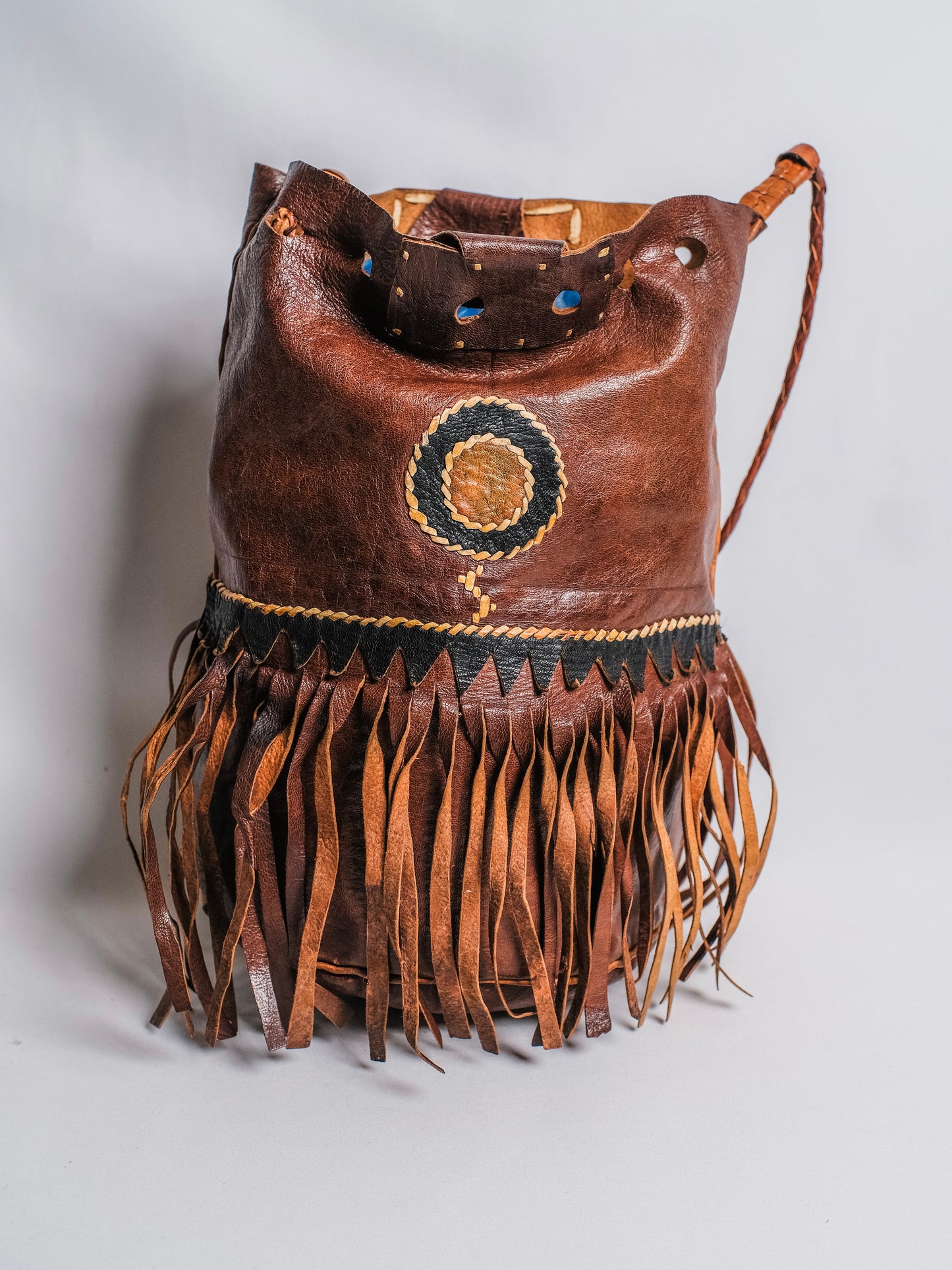 Handmade Native American Leather Tooled Fringe Bag