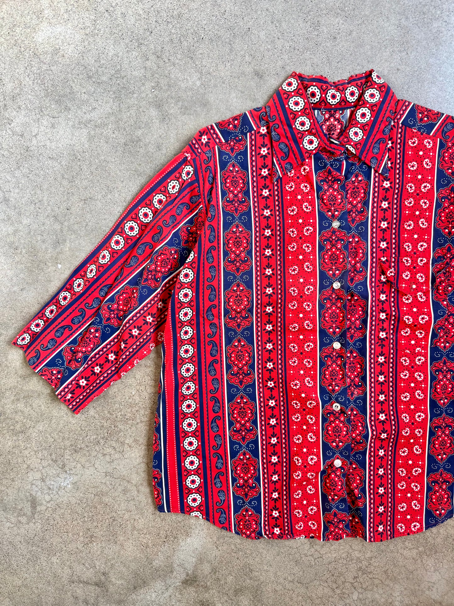 Vintage Red & Blue Striped Paisley Bandana Print Button-Up Shirt | XL