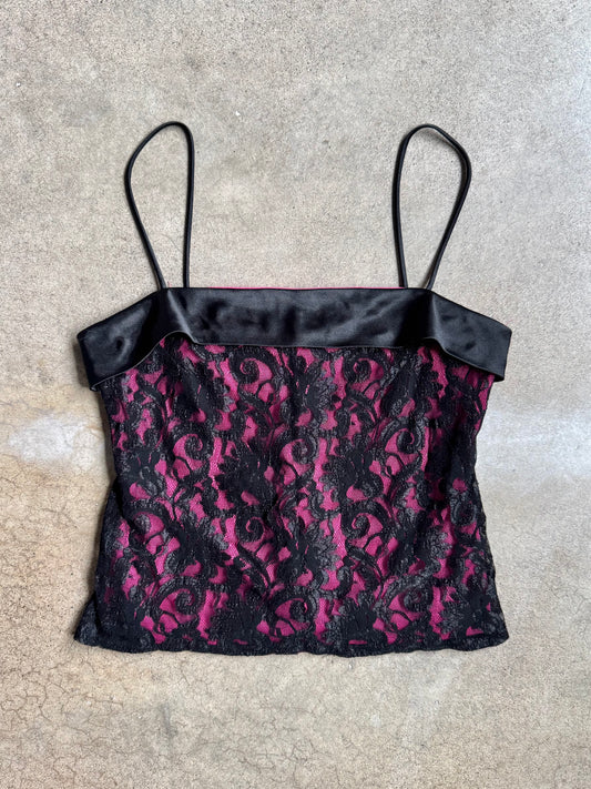 Vintage 1990s Onyx Nite Pink & Black Lace Tank Top | Medium