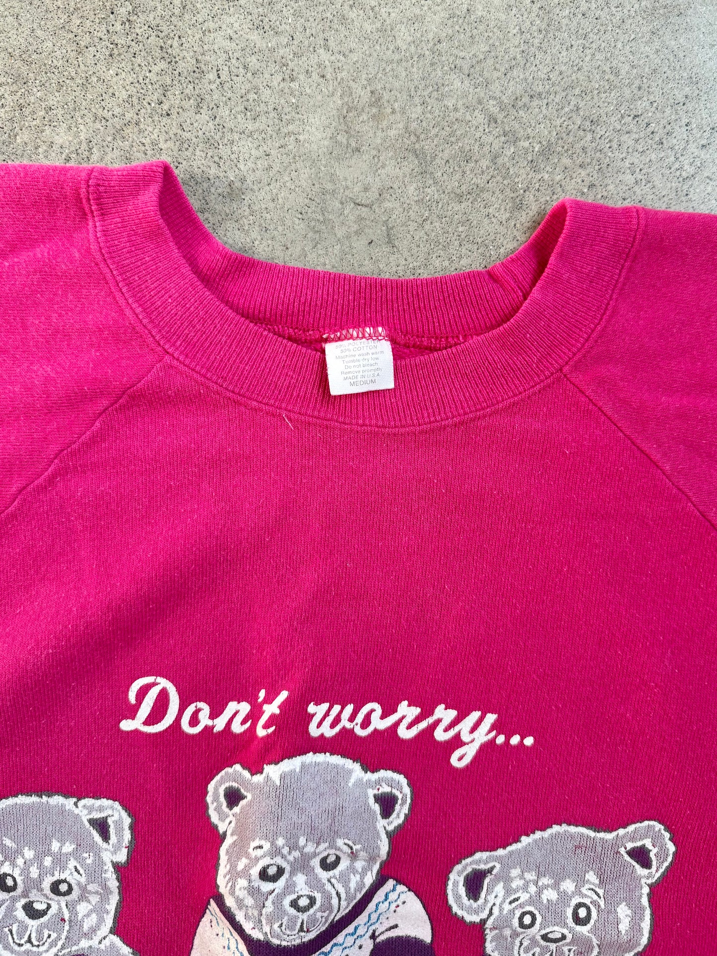 Vintage 1980s "Don't Worry, Be Happy!" Teddy Bear Raglan Sweatshirt | Medium