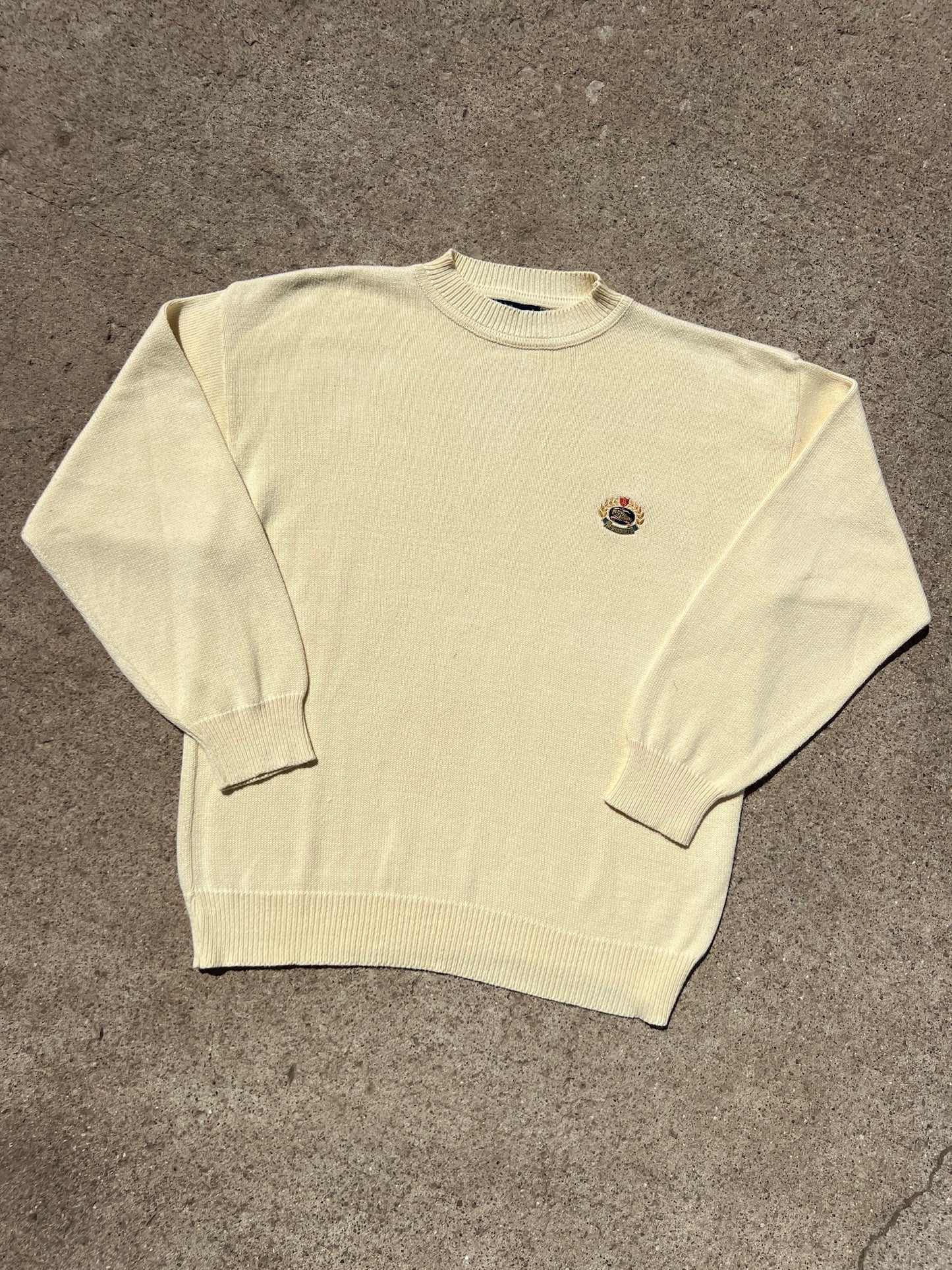 Vintage 1980s Burberry Butter Yellow Cotton Emblem Sweater | Large