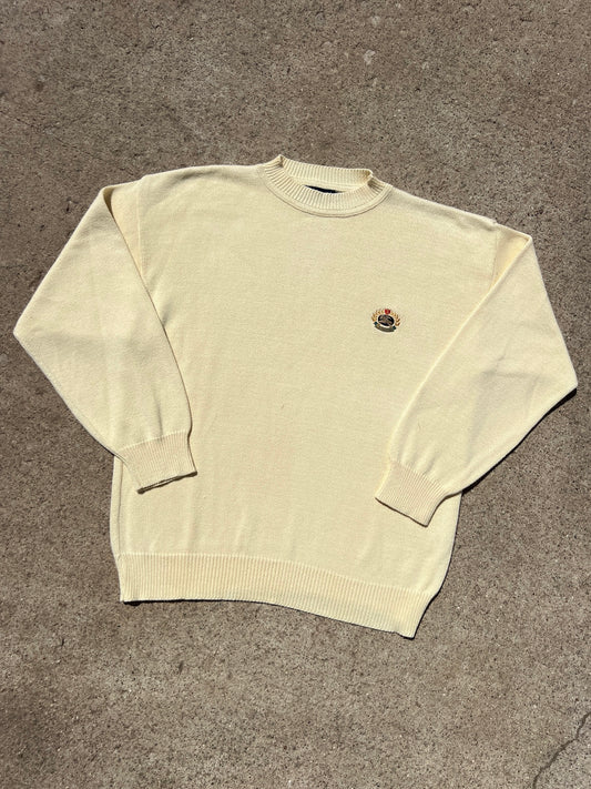 Vintage 1980s Burberry Butter Yellow Cotton Emblem Sweater | Large