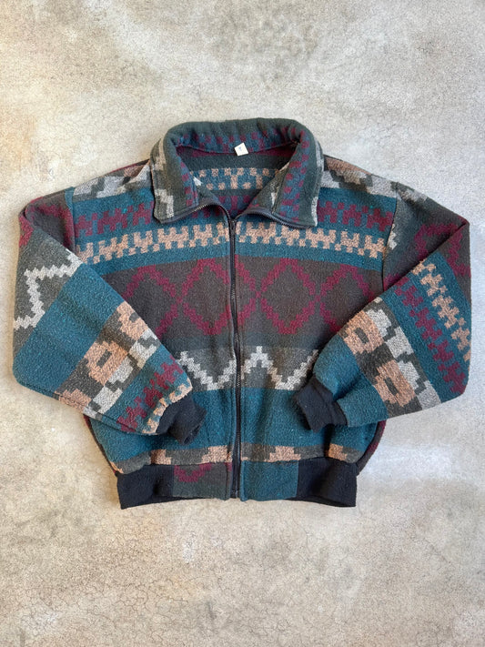Vintage 1980s Southwestern Wool Zip-Up Bomber Jacket | Medium