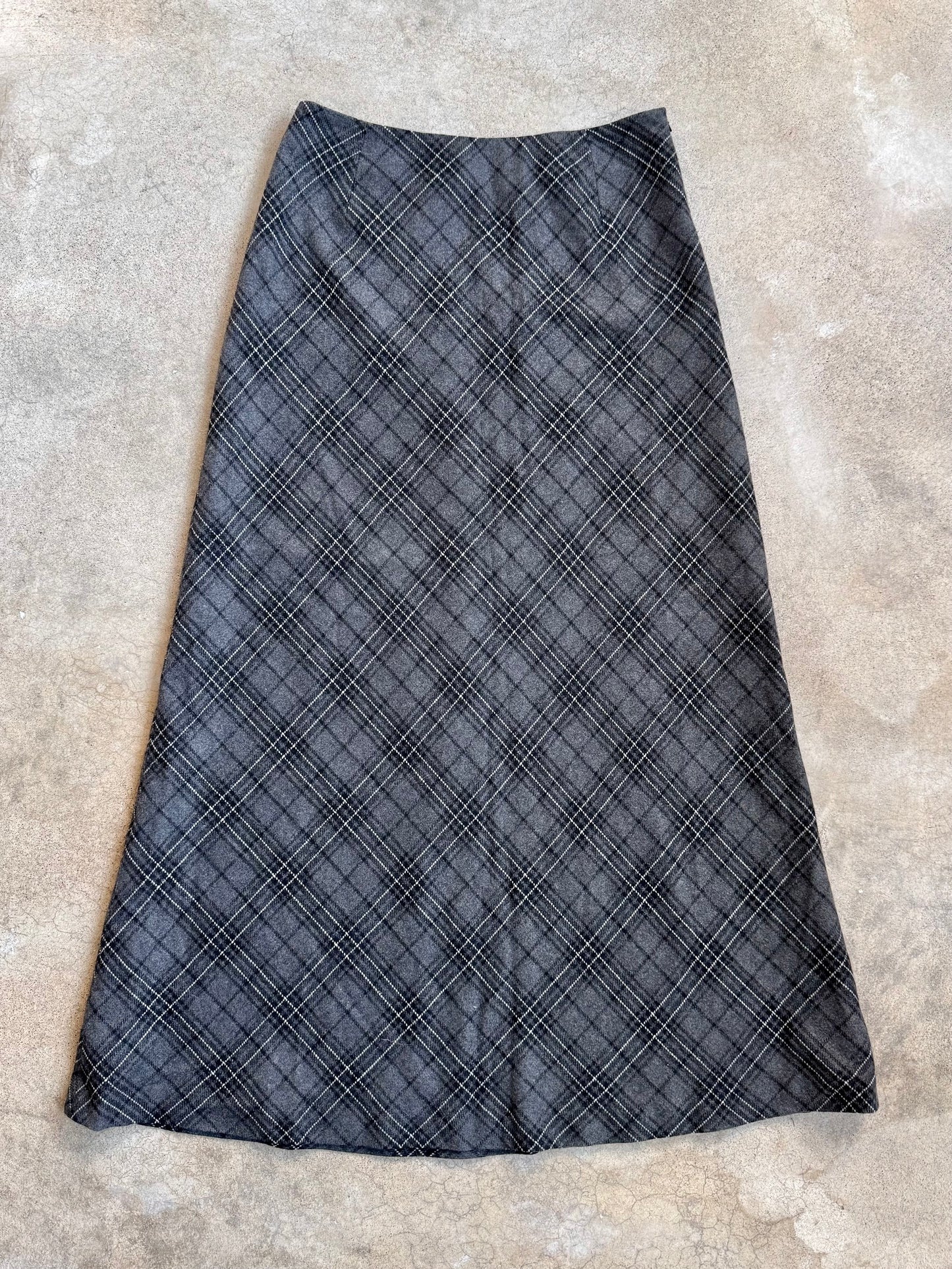 Vintage 1990s Eddie Bauer Grey Plaid Wool A-Line Maxi Skirt | Waist 30”