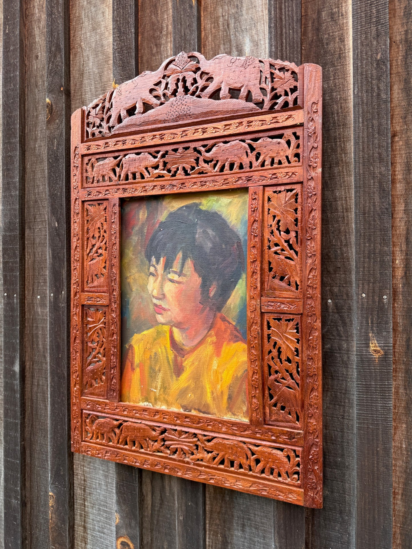 Vintage 1940s Carved Teakwood Elephant Frame "Village Girl" Oil on Canvas Painting