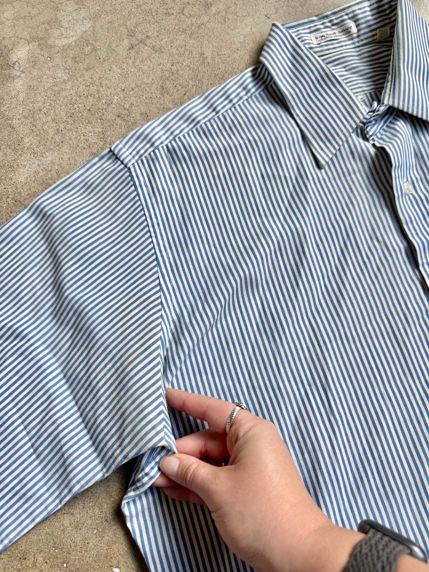 Vintage 1970s Blue & White Striped Dog Patch Button-Up Shirt | Large