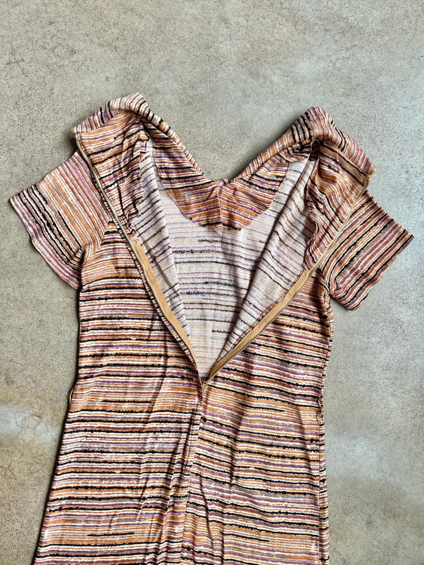 Vintage 1940s Multi-Color Abstract Stripe Collared Tie-Neck Dress | Small