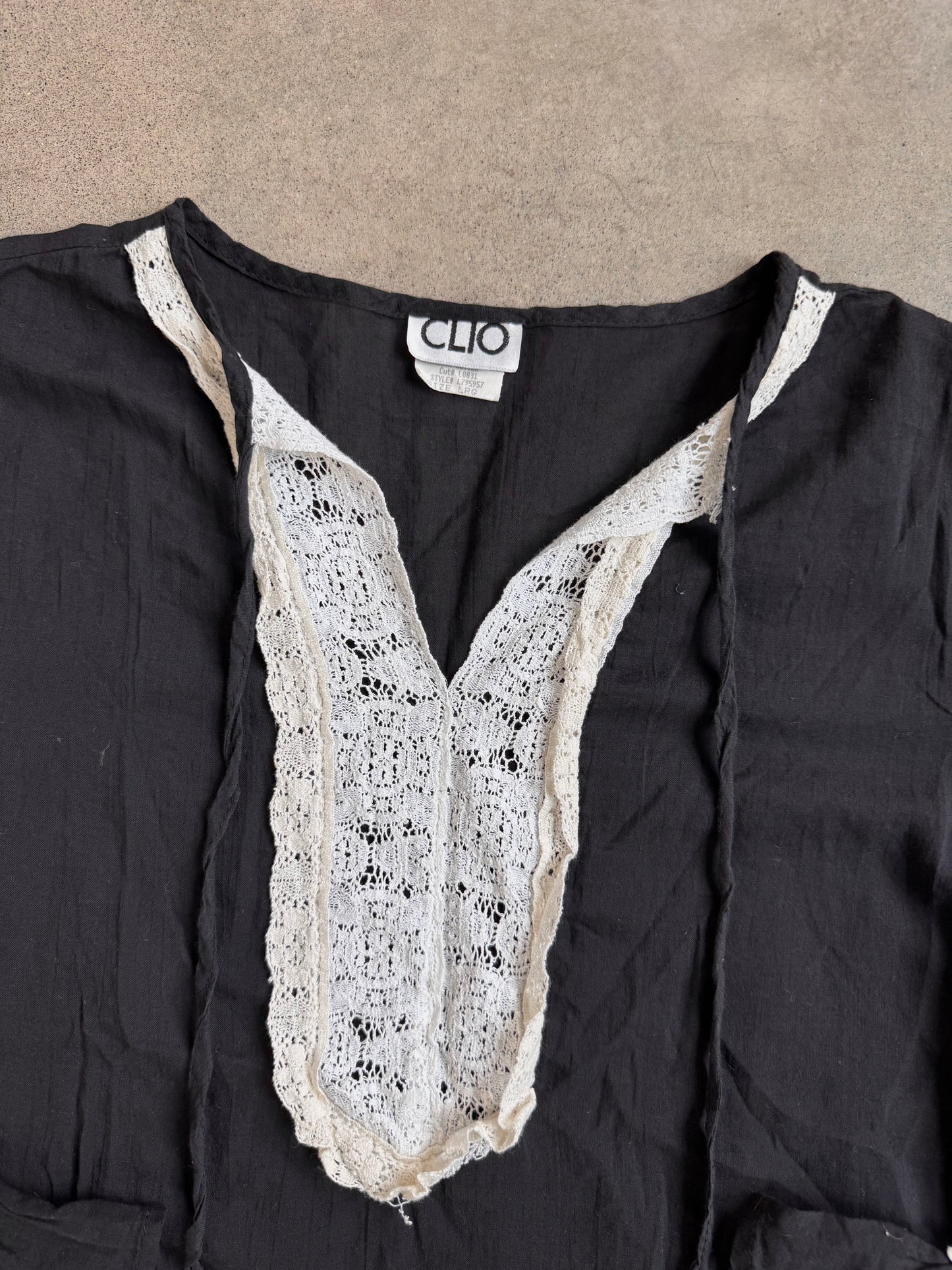 Vintage 1970s Clio Black Crochet Lace Cotton Tunic Blouse | Large