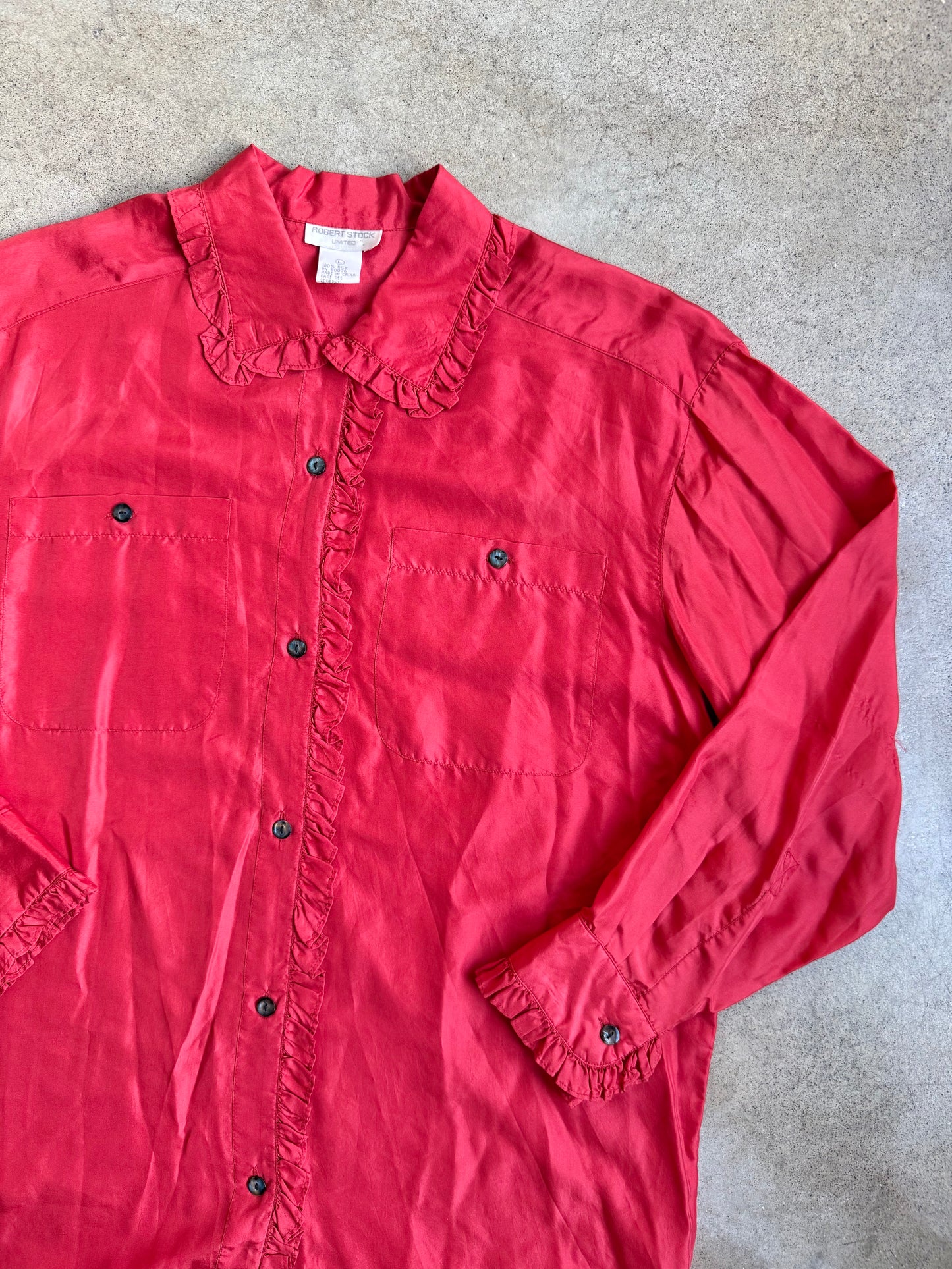 Vintage 1980s Robert Stock Limited Red Silk Frilled Trim Blouse | Large