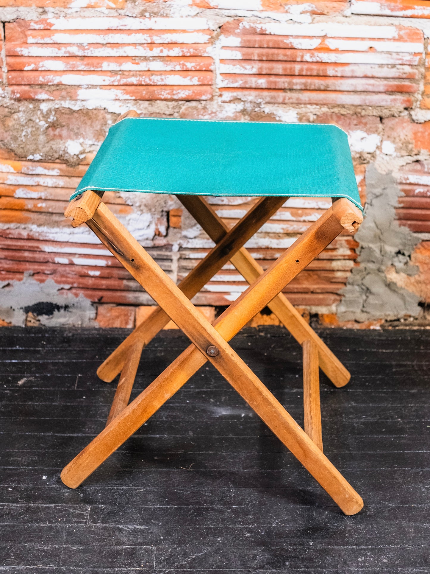 Vintage Green Canvas & Wood Folding Camp Stool