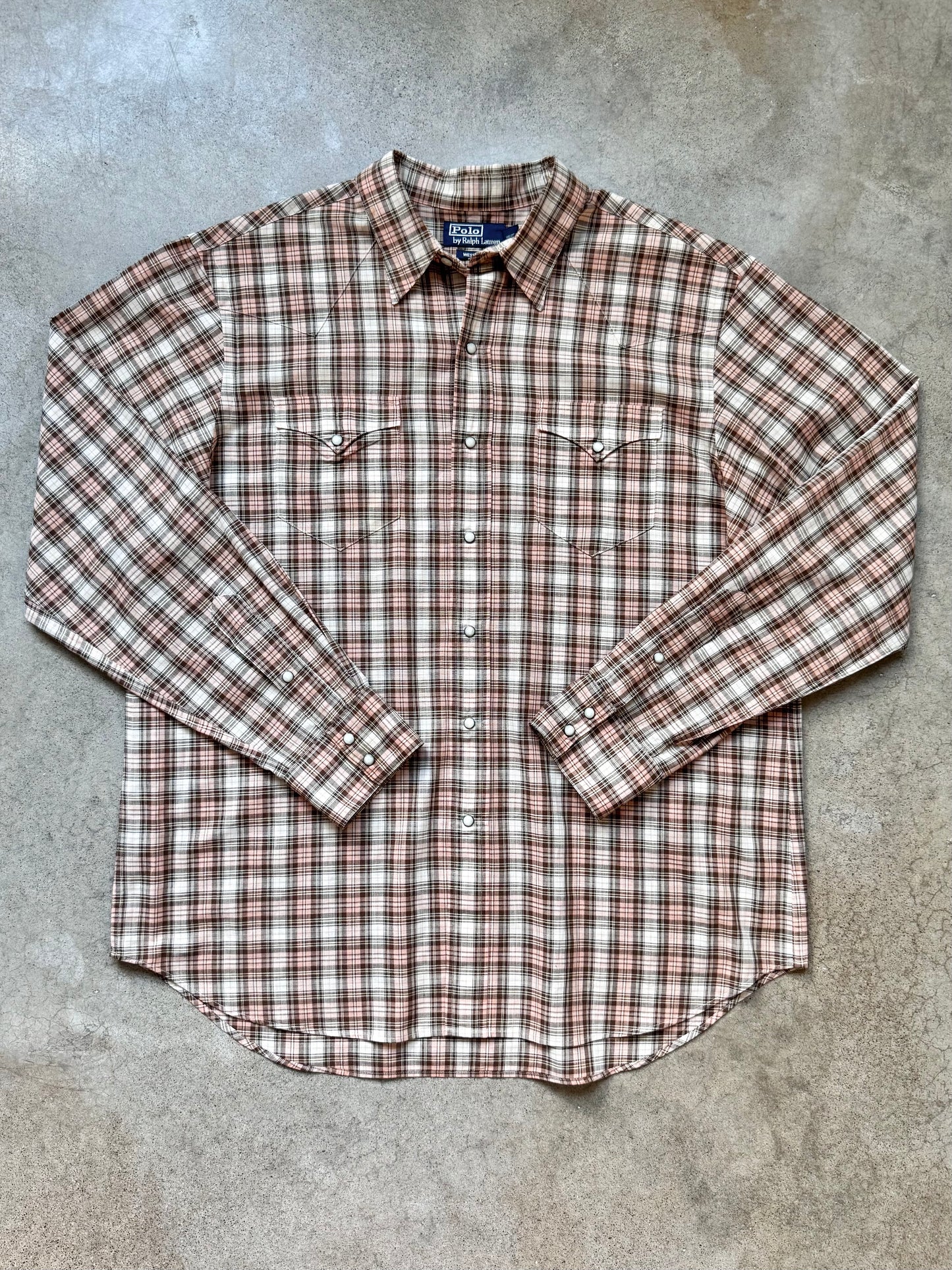 Vintage Polo Ralph Lauren Western Brown Plaid Pearl Snap Shirt | XL