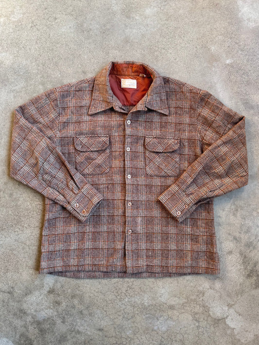 Vintage 1970s Sears Brown Plaid 100% Wool Flannel Shirt | XL