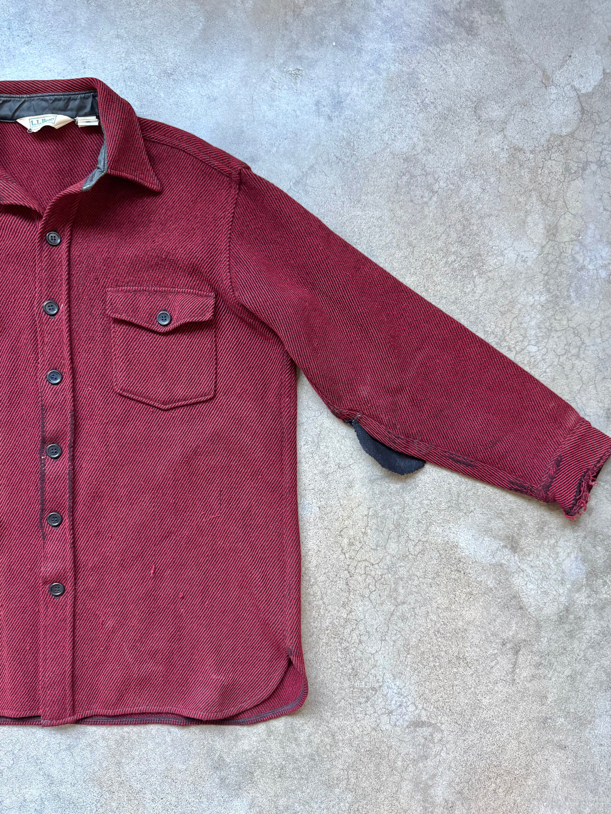Vintage 1980s L.L. Bean Red & Black Woven Wool Elbow Patched Shirt Jacket | XL