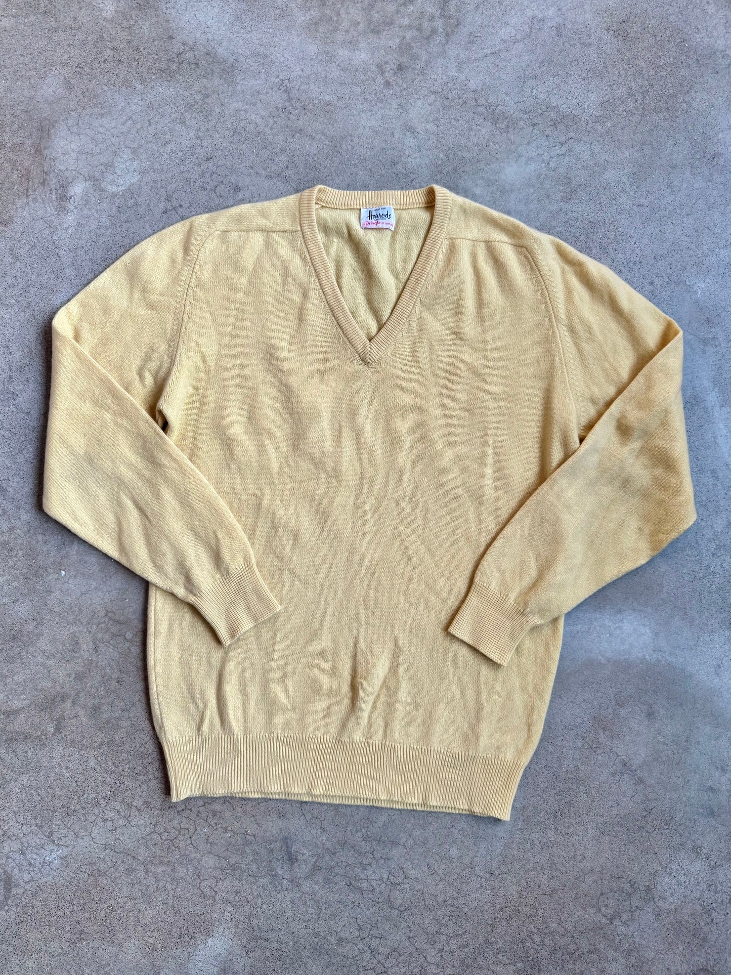 Vintage 1960s Harrods by Pringle Scotland Yellow 100% Cashmere V-Neck Sweater | Large