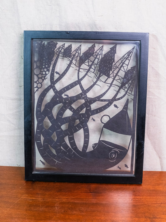 Vintage Framed Papercut Shadowbox "Cyborg Octopus" Silhouette Artwork