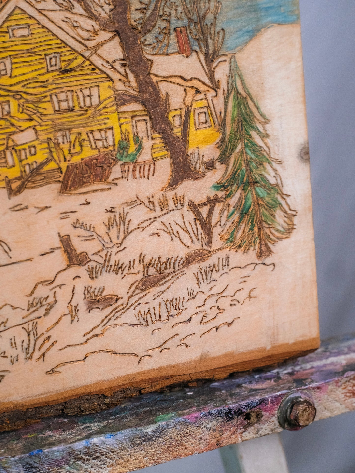 Vintage 1960s Handmade Wood Slab Carved "Winter Farm Scene" Wall Art