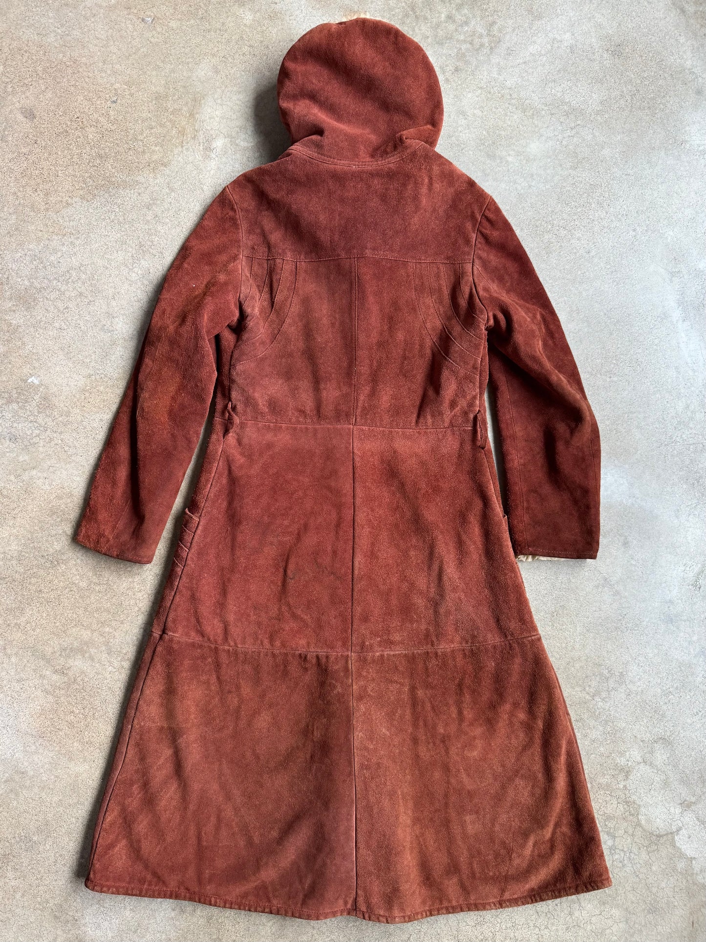 Vintage 1970s Berman’s Brown Suede Lamb Fur Trim Hooded Overcoat | Medium