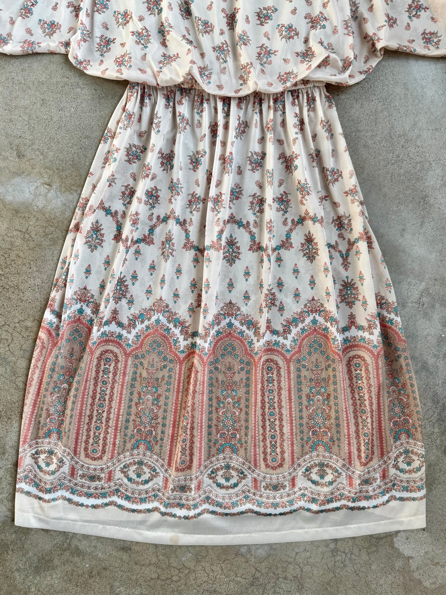 Vintage 1970s Cream Floral Print Puff Sleeve Sheer Midi Dress | Medium
