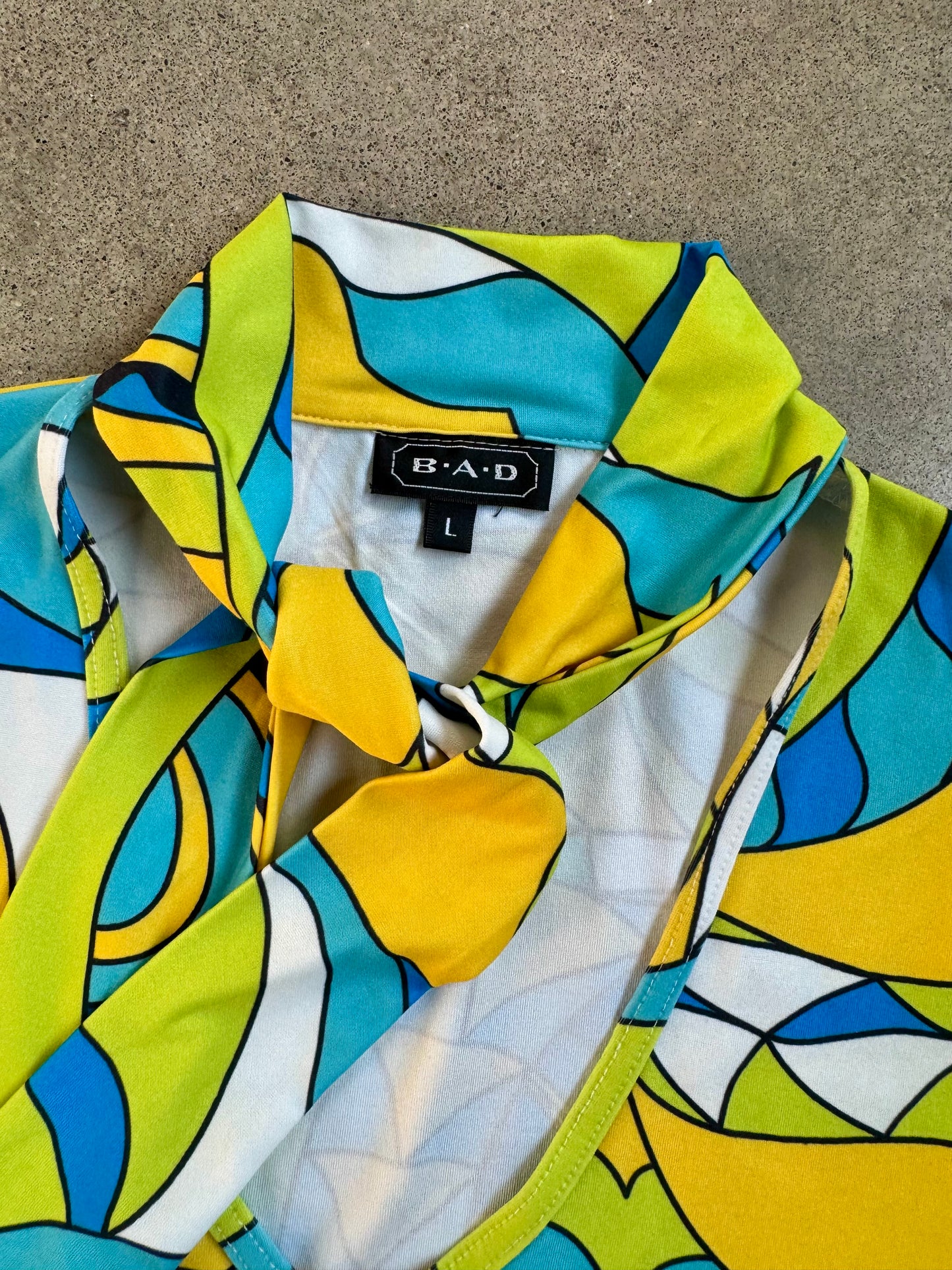 Vintage 1990s B.A.D. Psychedelic Printed Tie Neck Sleeveless Blouse | Large
