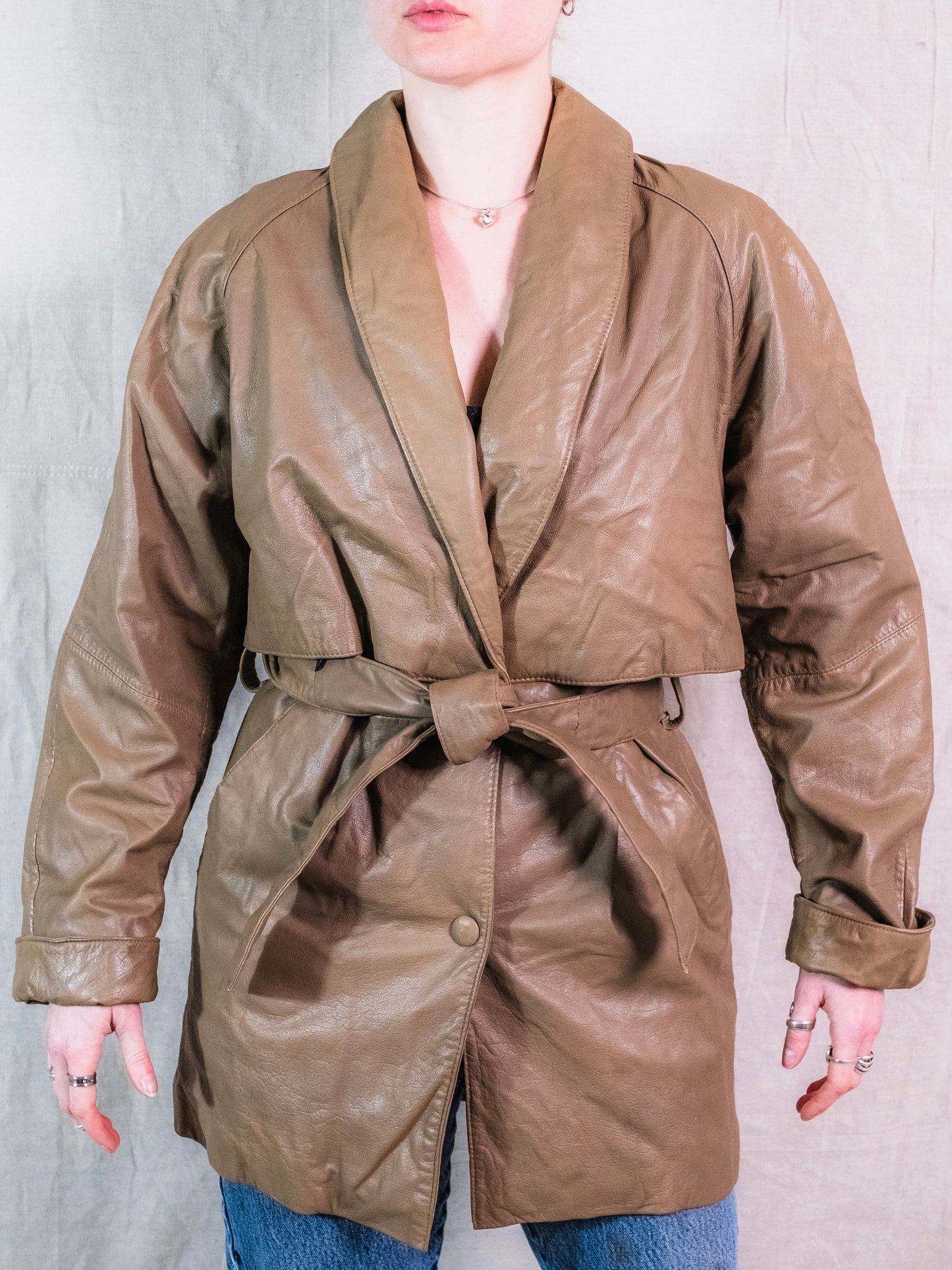 Vintage 1980s Wilsons Taupe Belted Leather Jacket | XS