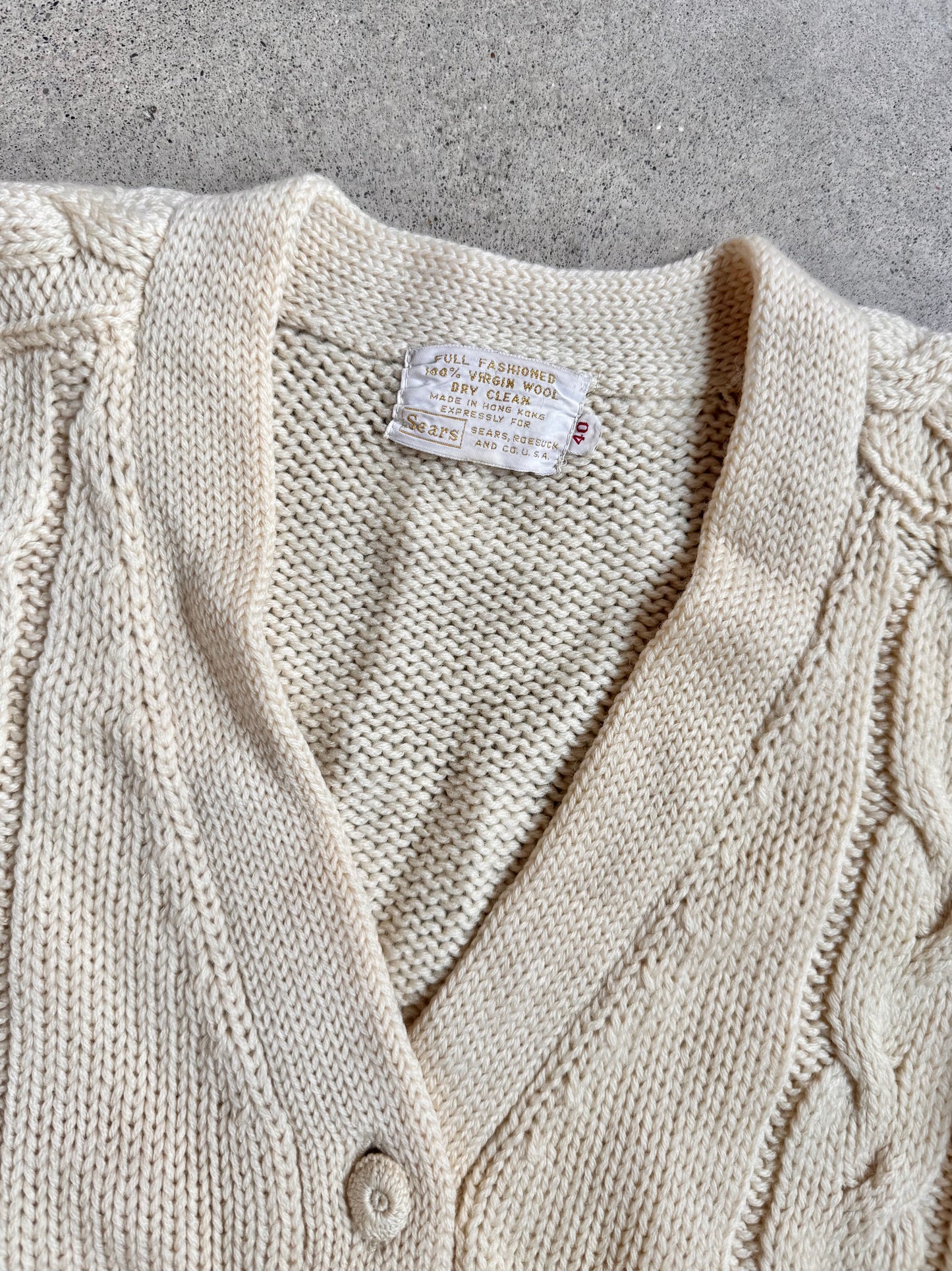 Vintage 1960s Sears 100% Wool Cream Cable Knit Belted Cardigan | Medium