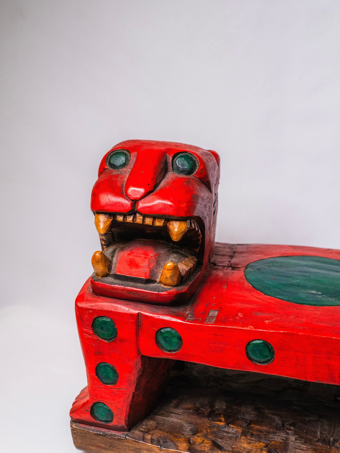 Wood-Carved Hand-Painted Red Jaguar Footstool