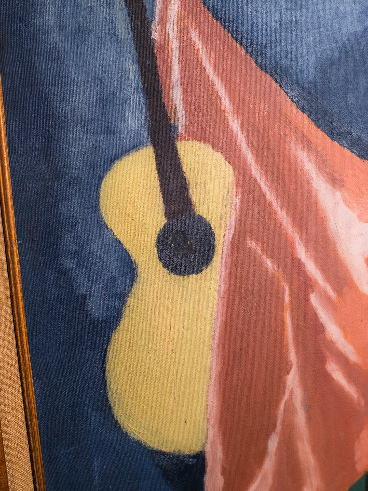 Framed Abstract "Guitar and Fruit" Still Life Oil on Canvas Painting