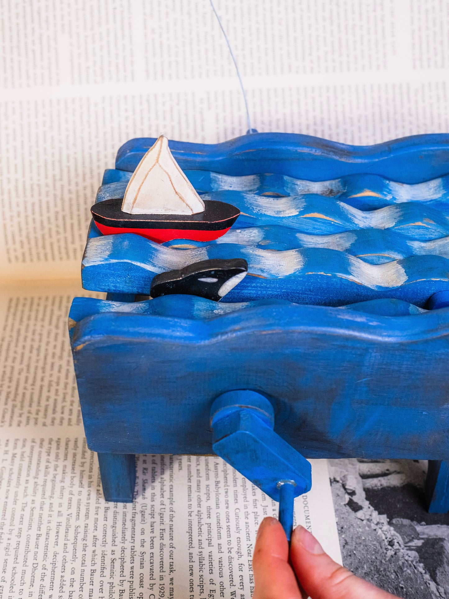 Vintage Harmony Ball Co. Wood Sailboat & Whale Ocean Scene Automata