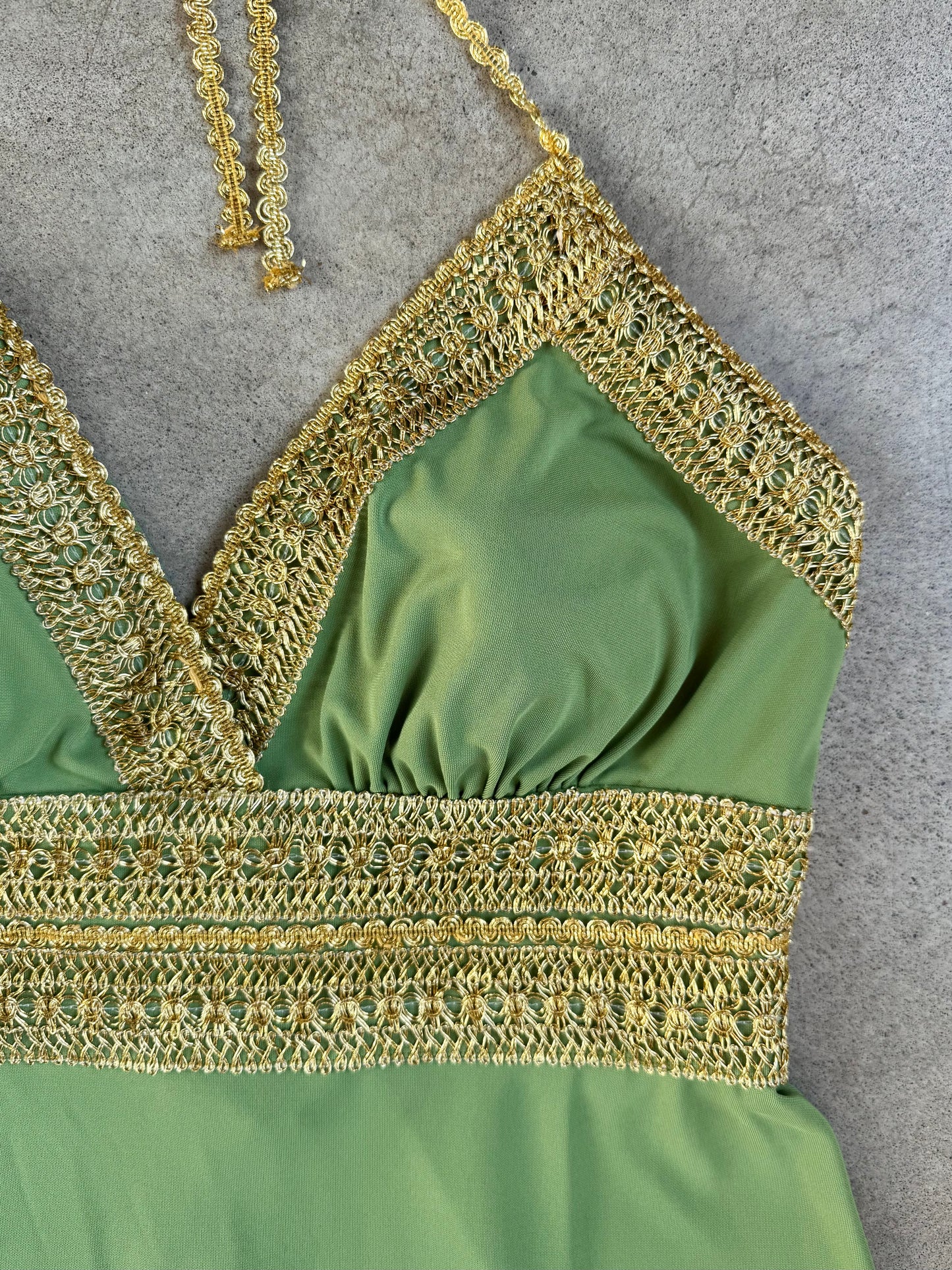 Vintage 1990s Betsy & Adam Green & Gold Trim Formal Full-Length Halter Dress | XL