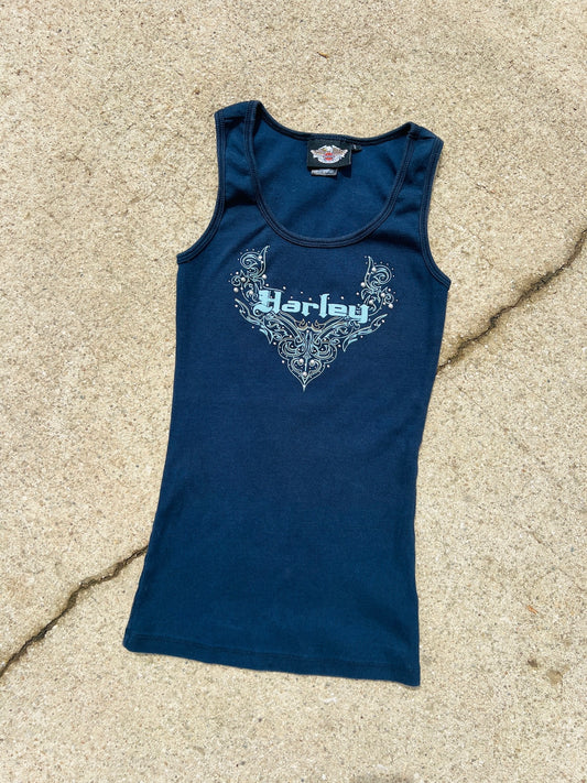 Y2K Harley Davidson Navy Rhinestone Studded Tank Top | Small