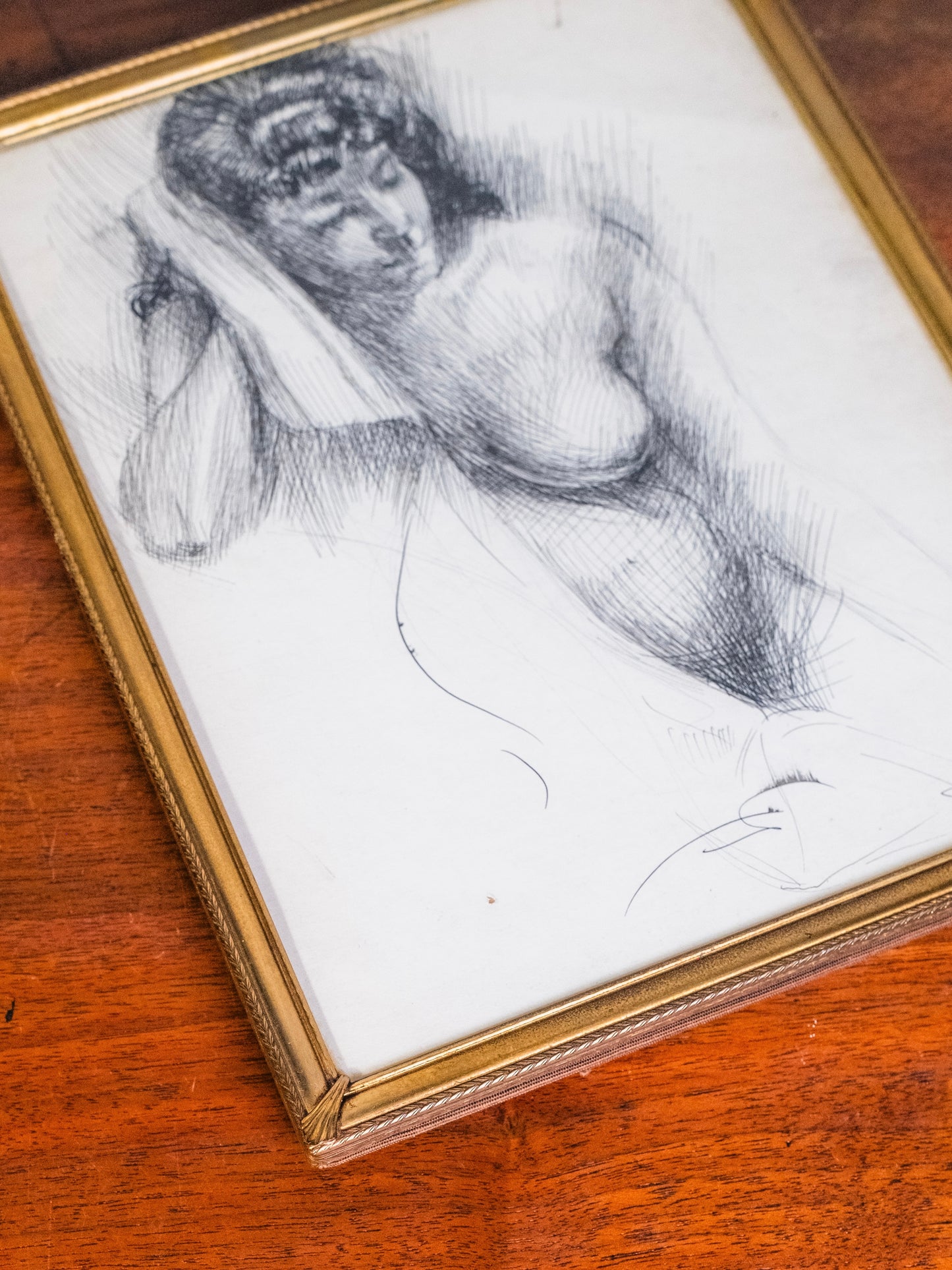 Vintage 1930s Framed "Lounging Woman" Nude Sketch Artwork