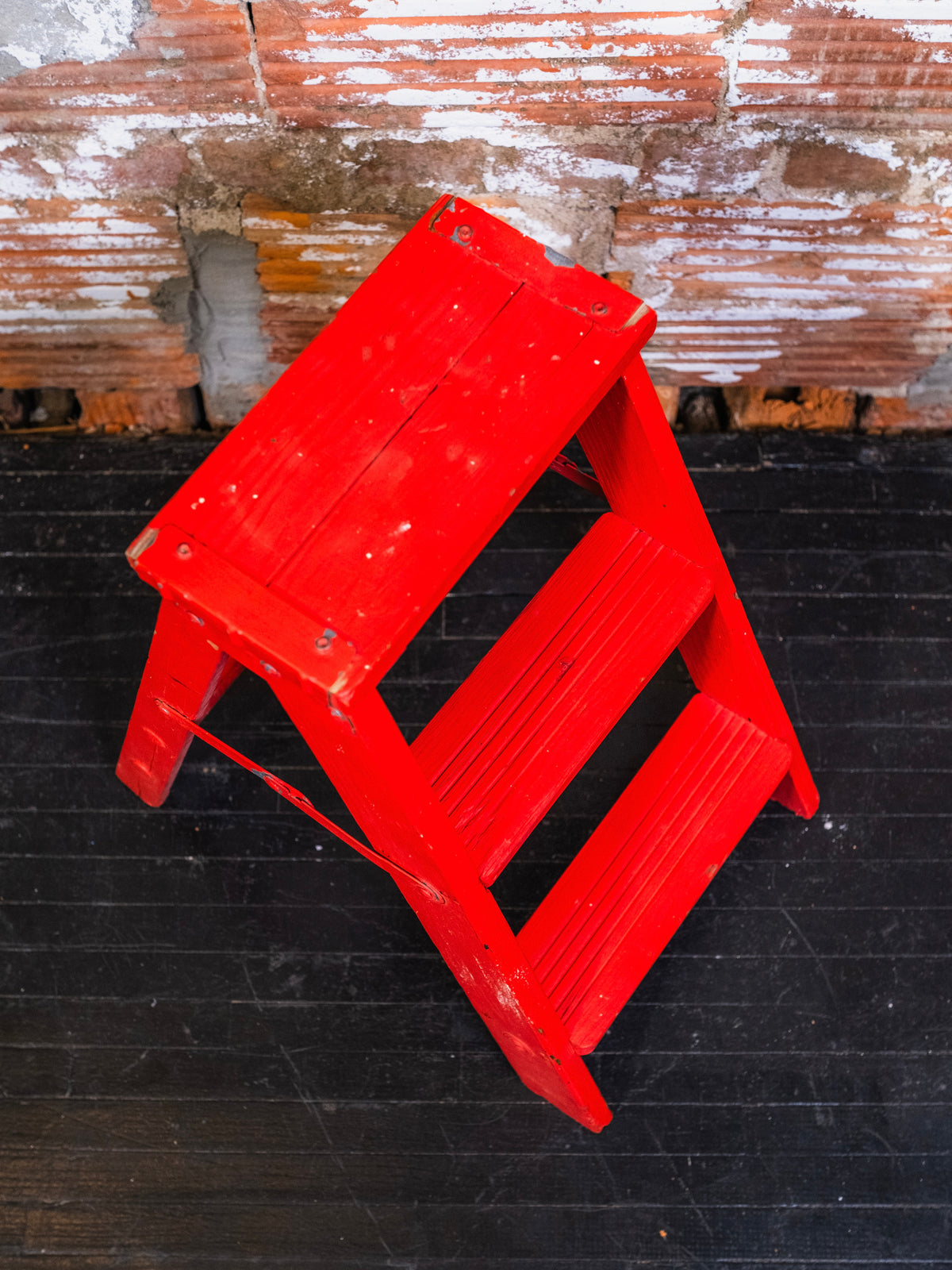 Vintage Red Painted Wooden Folding Step Ladder