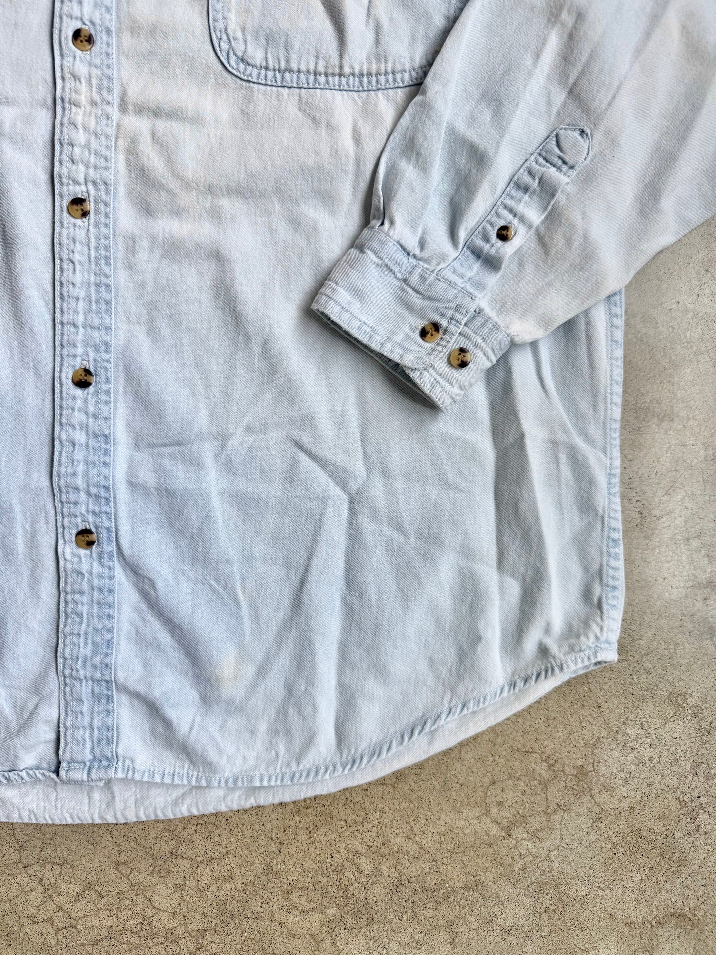 Vintage 1990s Cleveland Indians Worn Denim Button-Down Shirt | Large