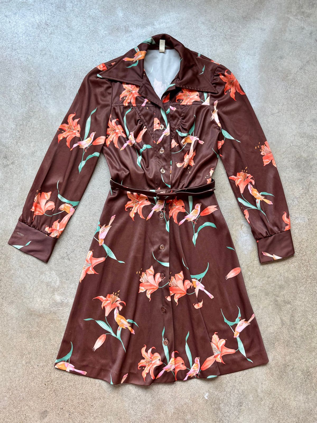 Vintage 1970s Brown & Orange Floral Button-Front Long Sleeve Belted Dress | XS/S