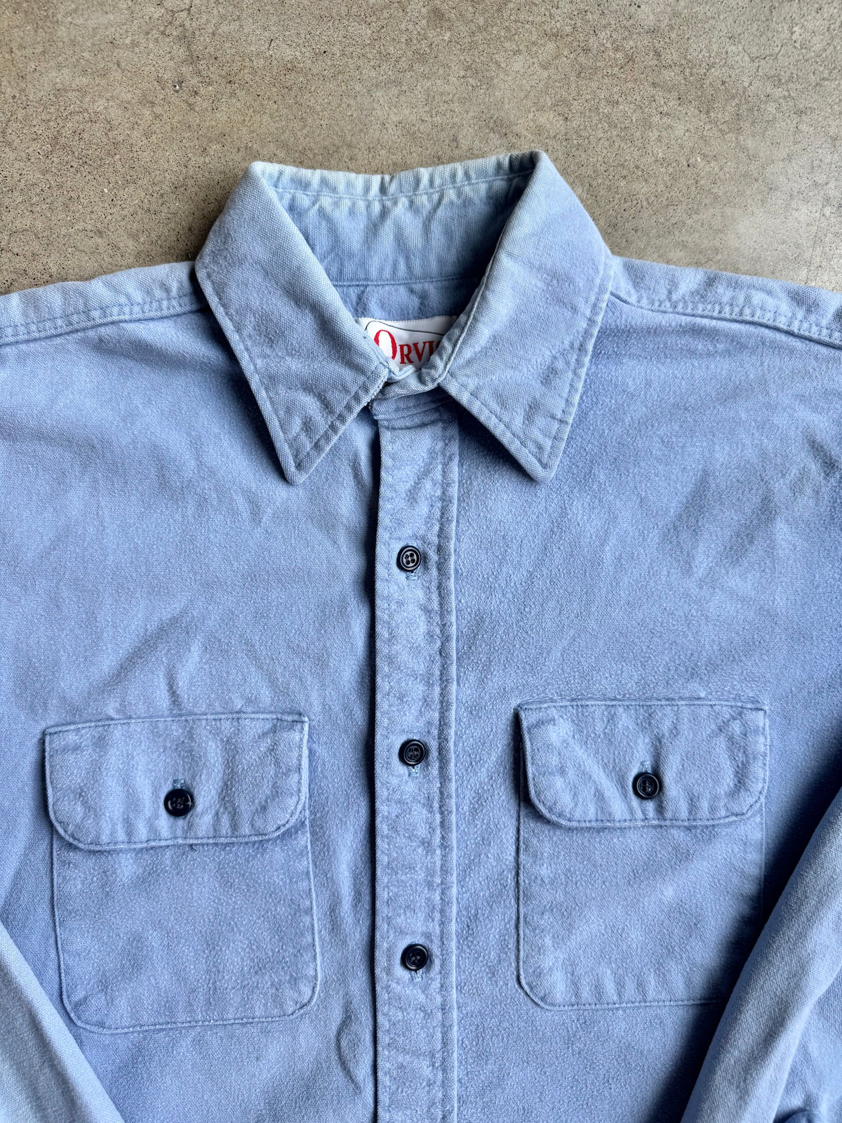 Vintage 1980s Orvis Worn Light Blue Utility Chamois Shirt | XL
