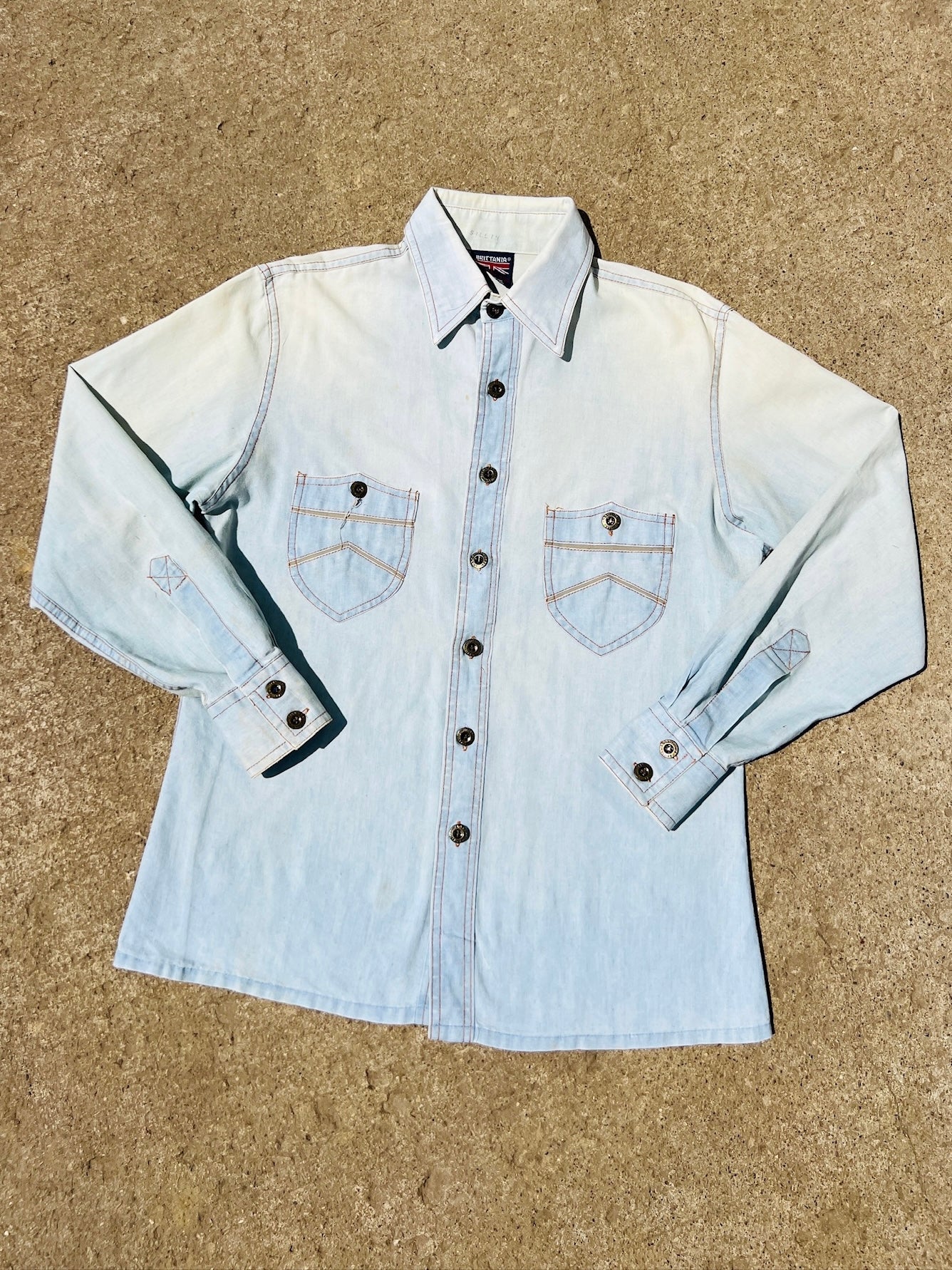 Vintage 1970s Brittania Faded Denim Button-Up Western Shirt | Large