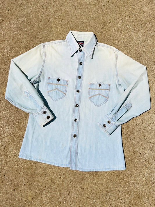 Vintage 1970s Brittania Faded Denim Button-Up Western Shirt | Large