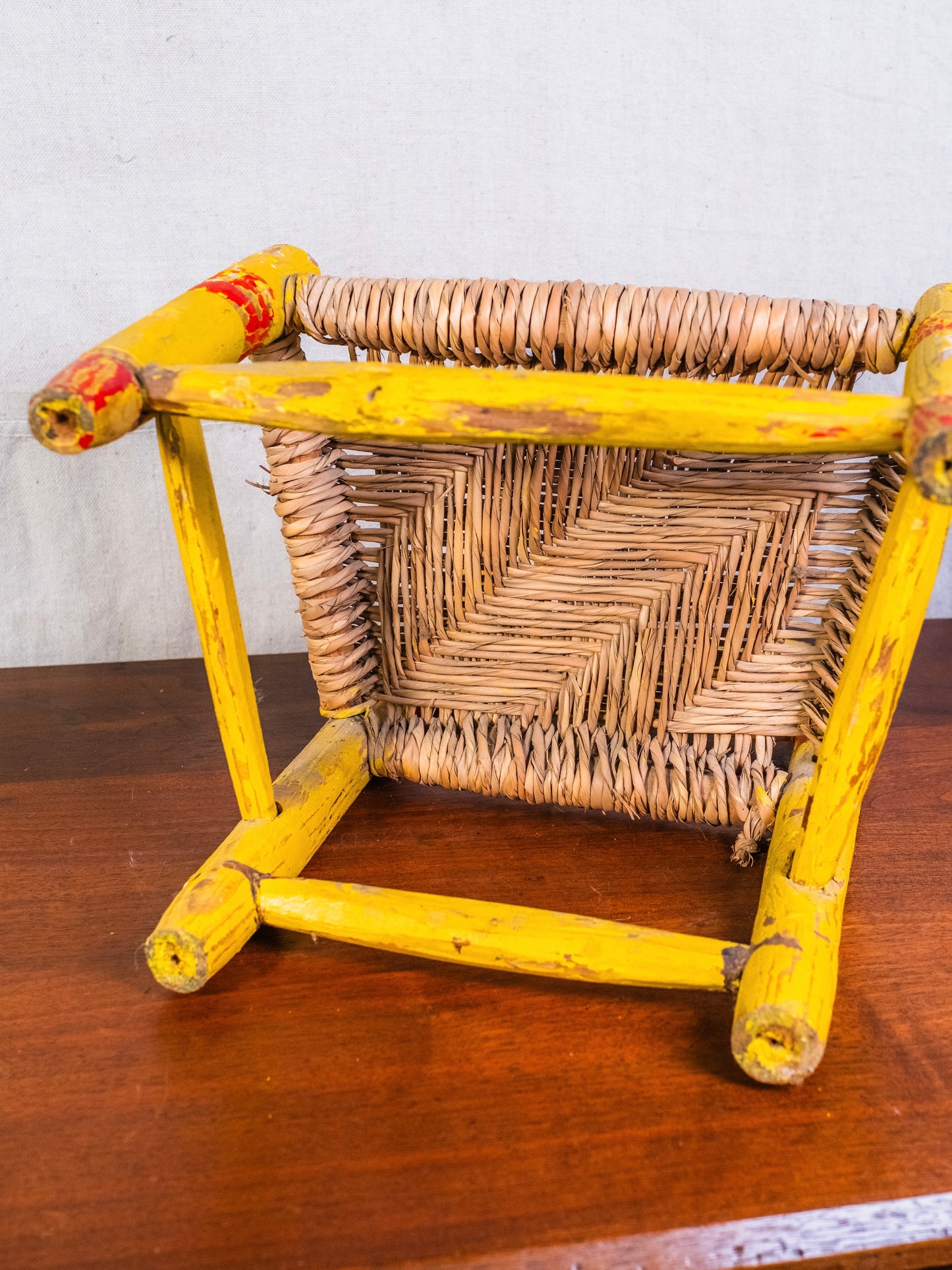 Vintage Mexican Folk Art Yellow Floral Painted Straw Woven Children's Chair