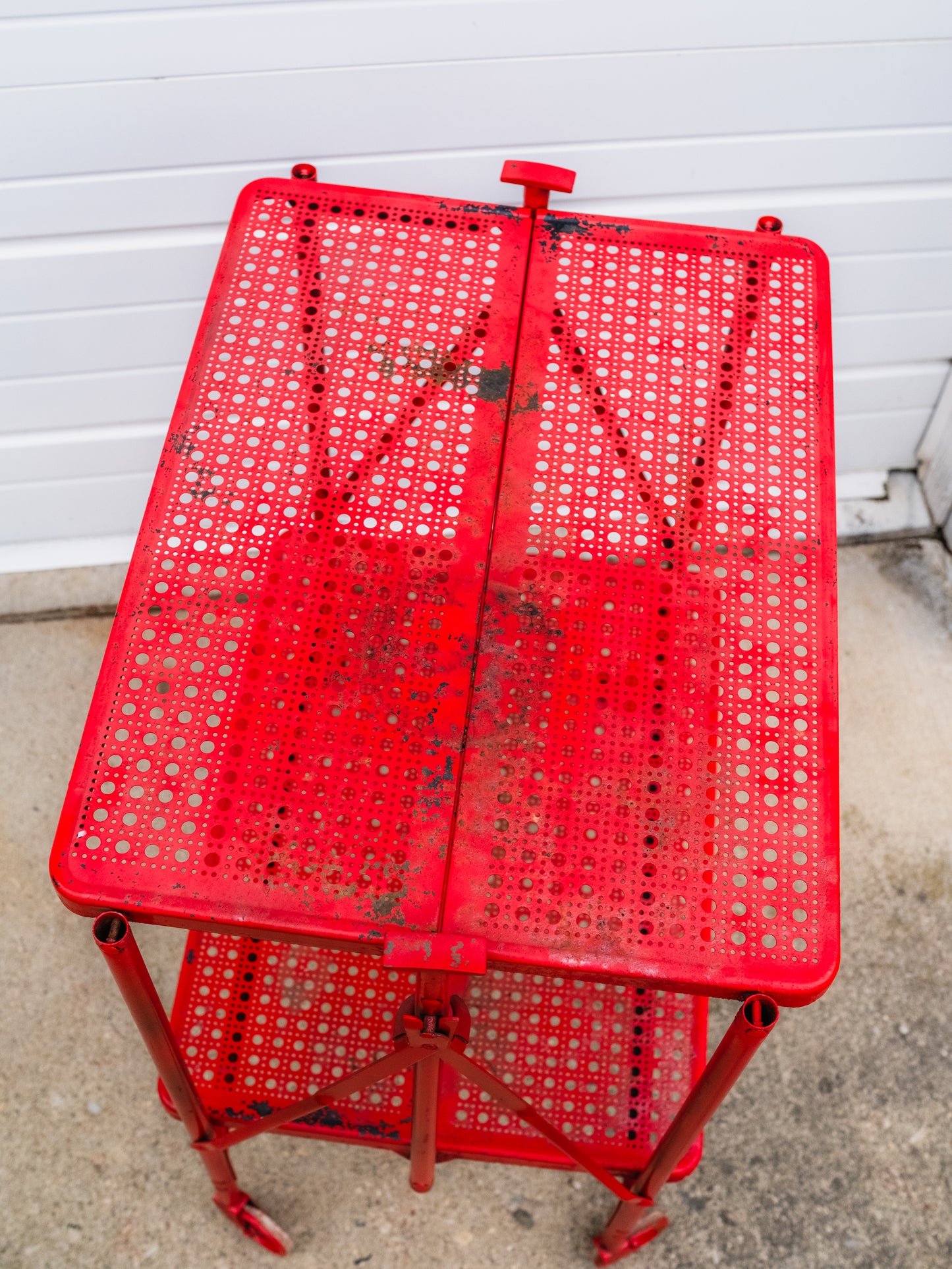 Vintage 1950s Red Distressed Metal Foldable Rolling Bar Cart