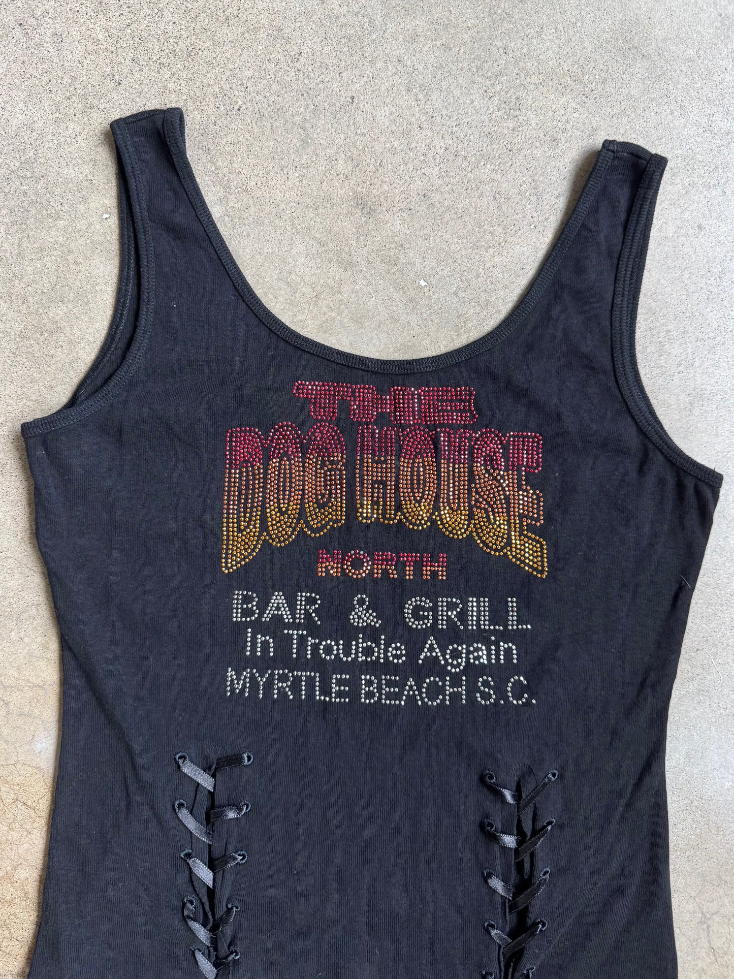 2000s "The Dog House" Myrtle Beach Rhinestone Lace-Up Tank Top | Large