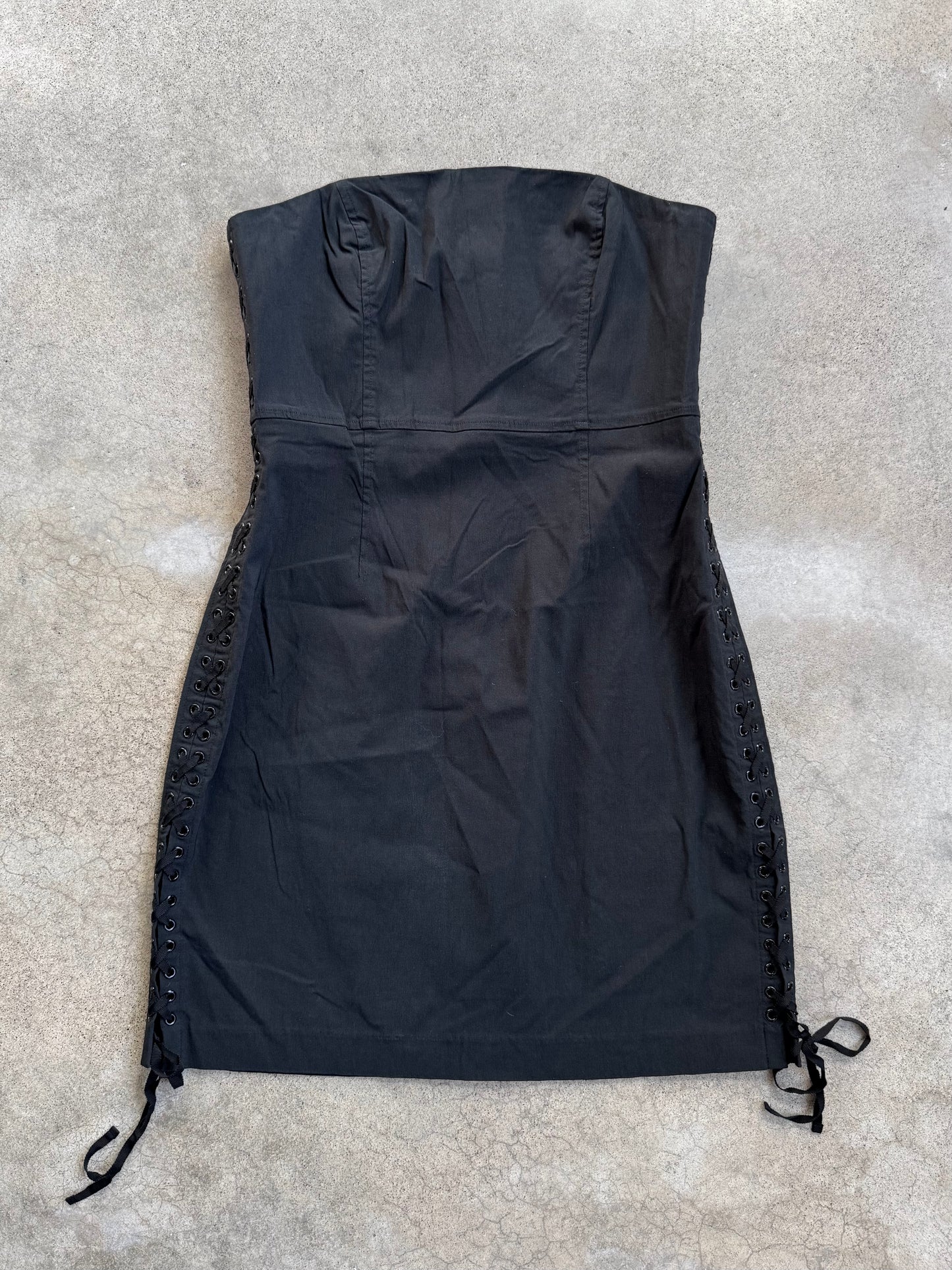 Vintage 1990s Express Black Strapless Lace-Up Mini Dress | M/L