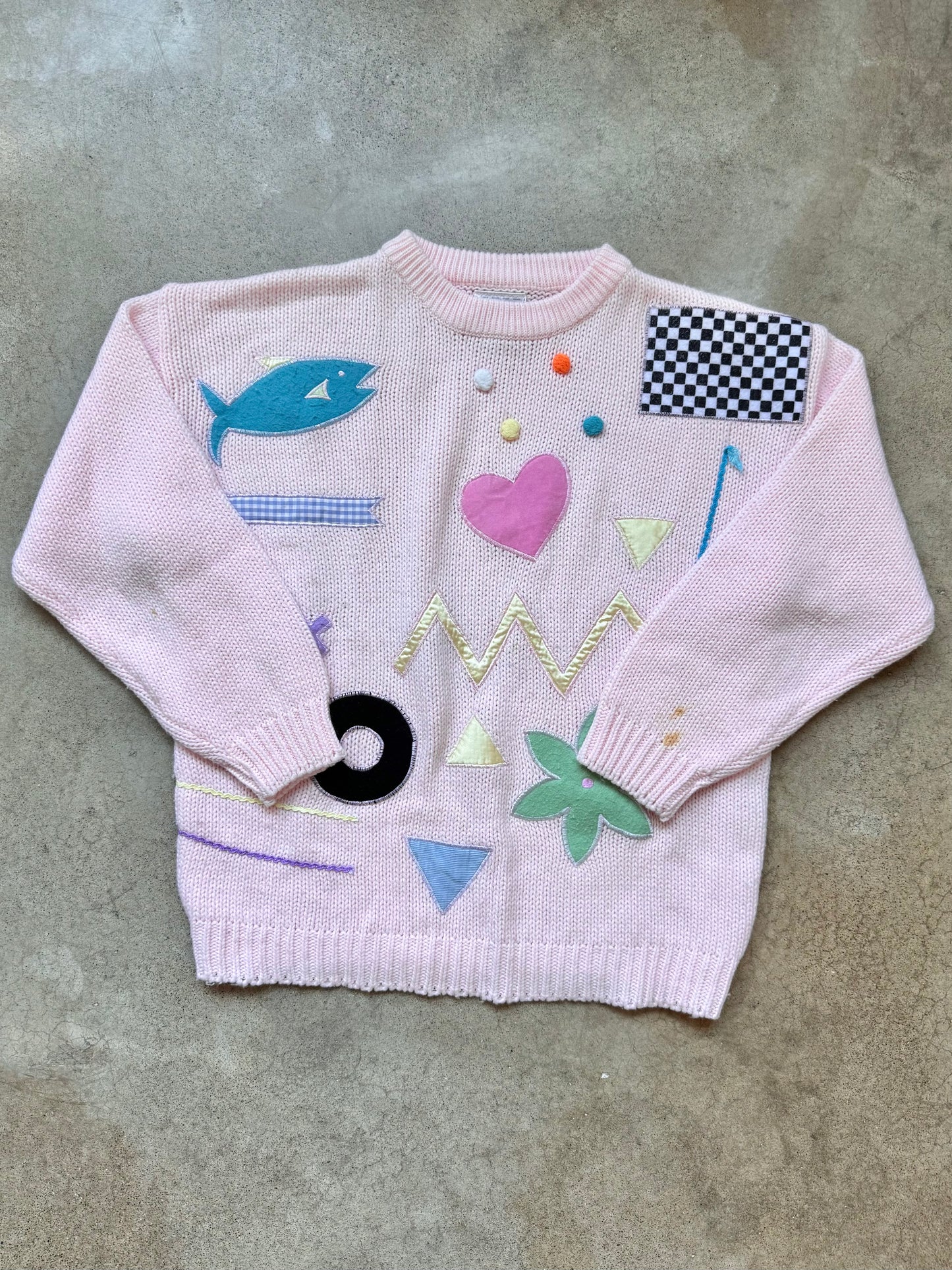 Vintage 1980s Extra Touch Pink Multi Embroidered Patch Sweater | XL