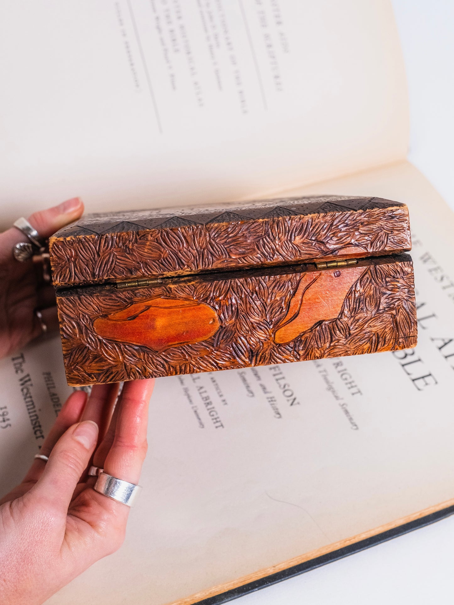 Antique 1920s Wood Pyrography Floral Pattern Box