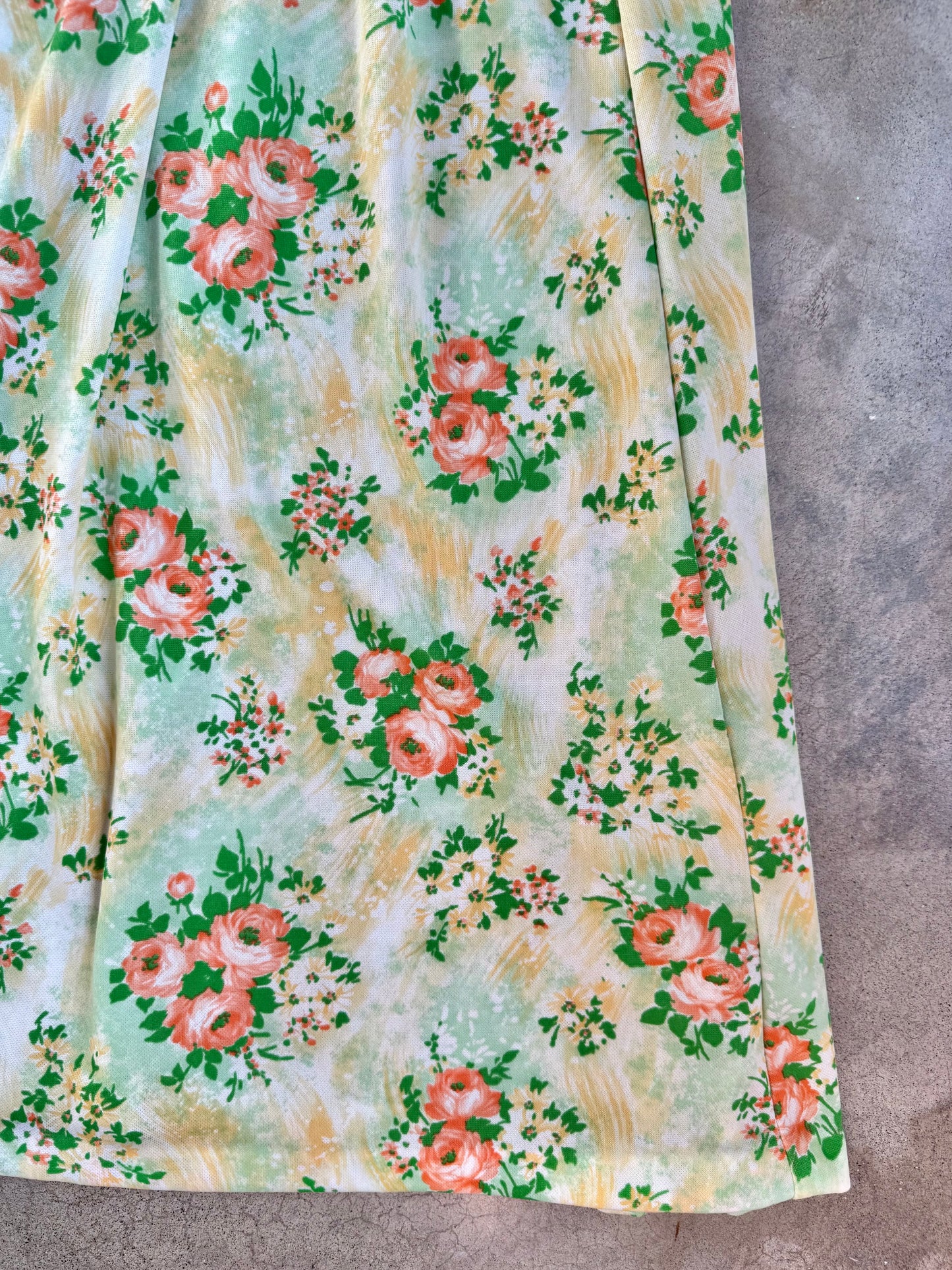 Vintage 1970s Green & Orange Floral Print Ruffle Sleeve Maxi Dress | Small